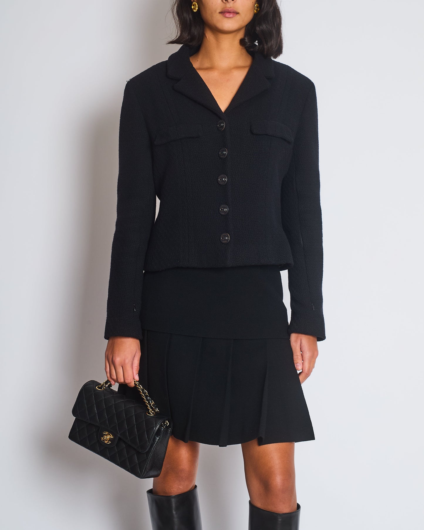 Chanel *FIRE * Black Wool Jacket with Zips on The Sleeves & Leather Buttons Size FR 42 (UK 14)