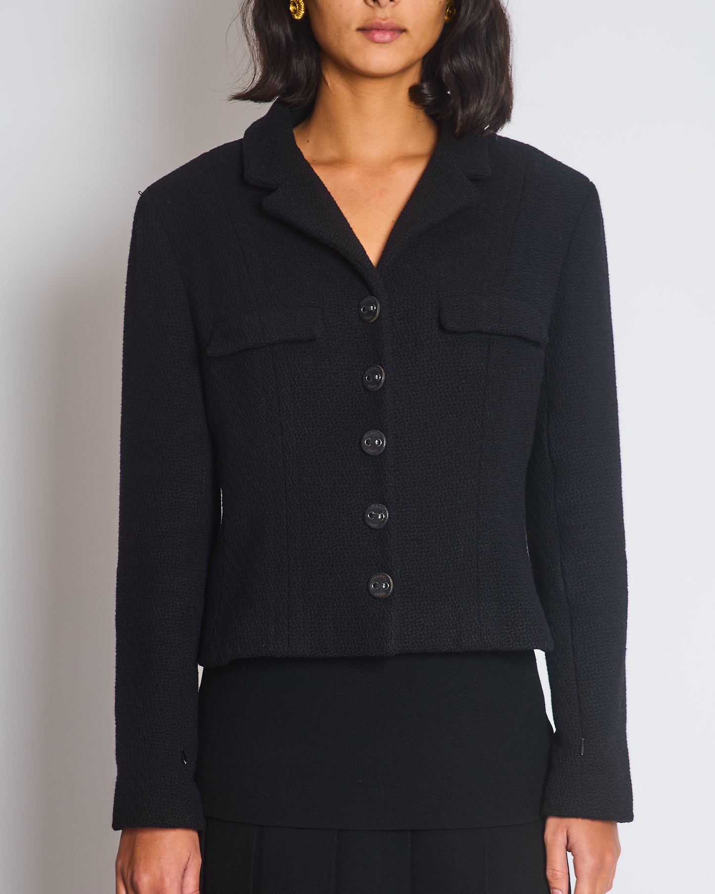 Chanel *FIRE * Black Wool Jacket with Zips on The Sleeves & Leather Buttons Size FR 42 (UK 14)