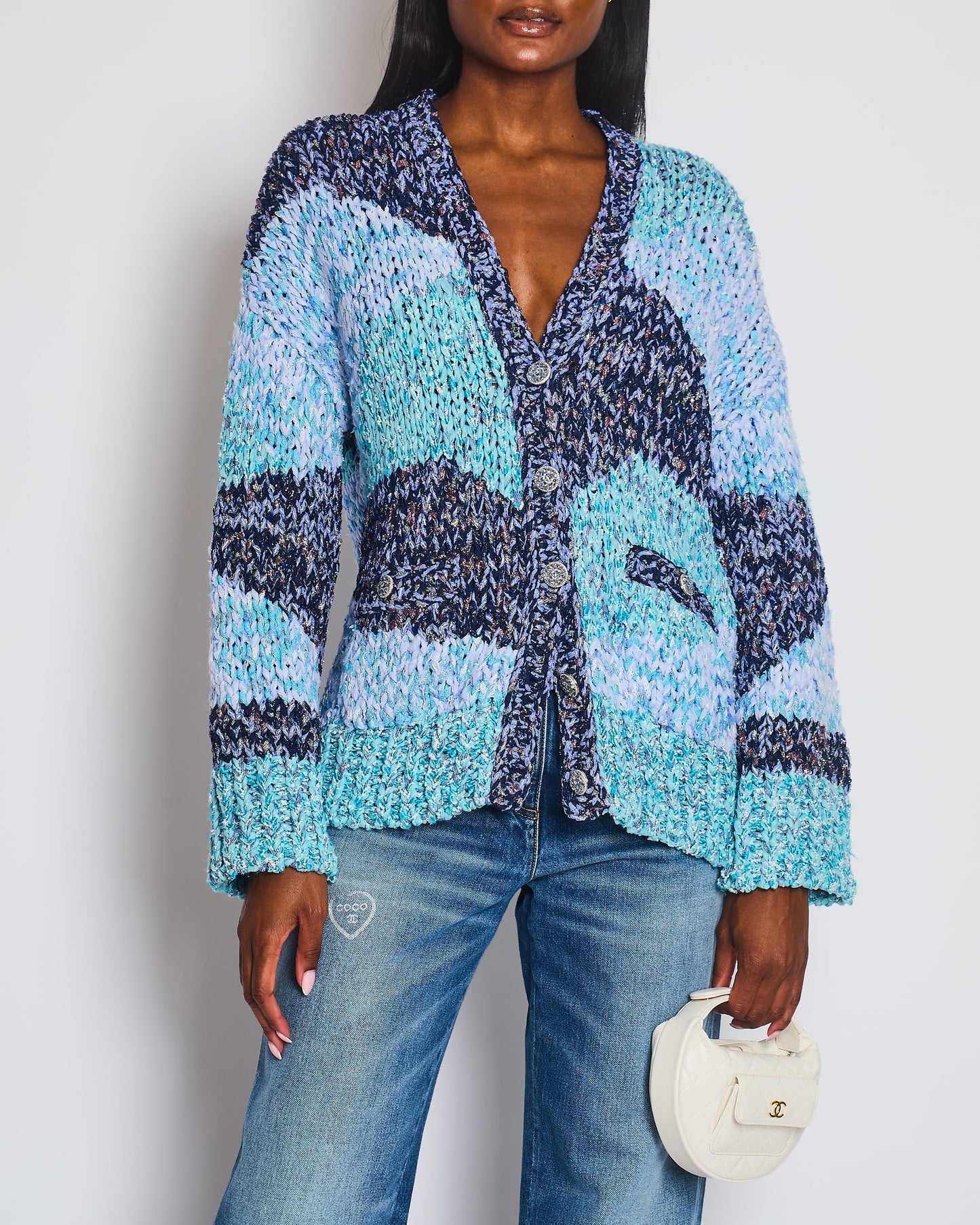 Chanel Aqua Blue Metallic, Navy White Crochet Knit Oversized Cardigan with Silver Logo Crystal Buttons Size FR 36 (UK 8)