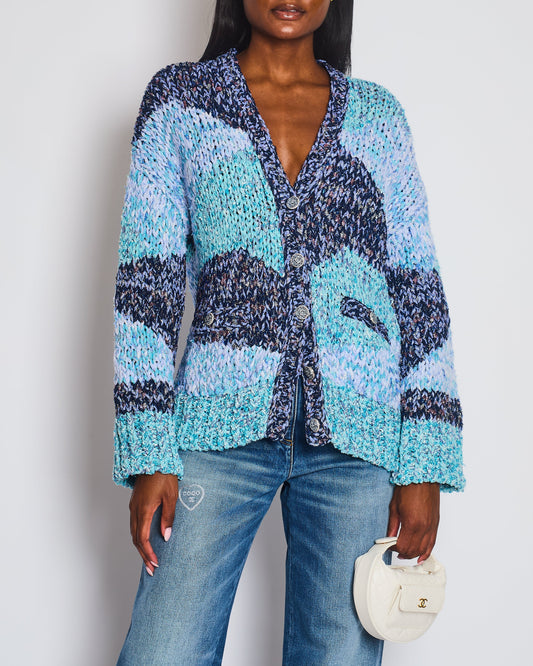 Chanel Aqua Blue Metallic, Navy White Crochet Knit Oversized Cardigan with Silver Logo Crystal Buttons Size FR 36 (UK 8)
