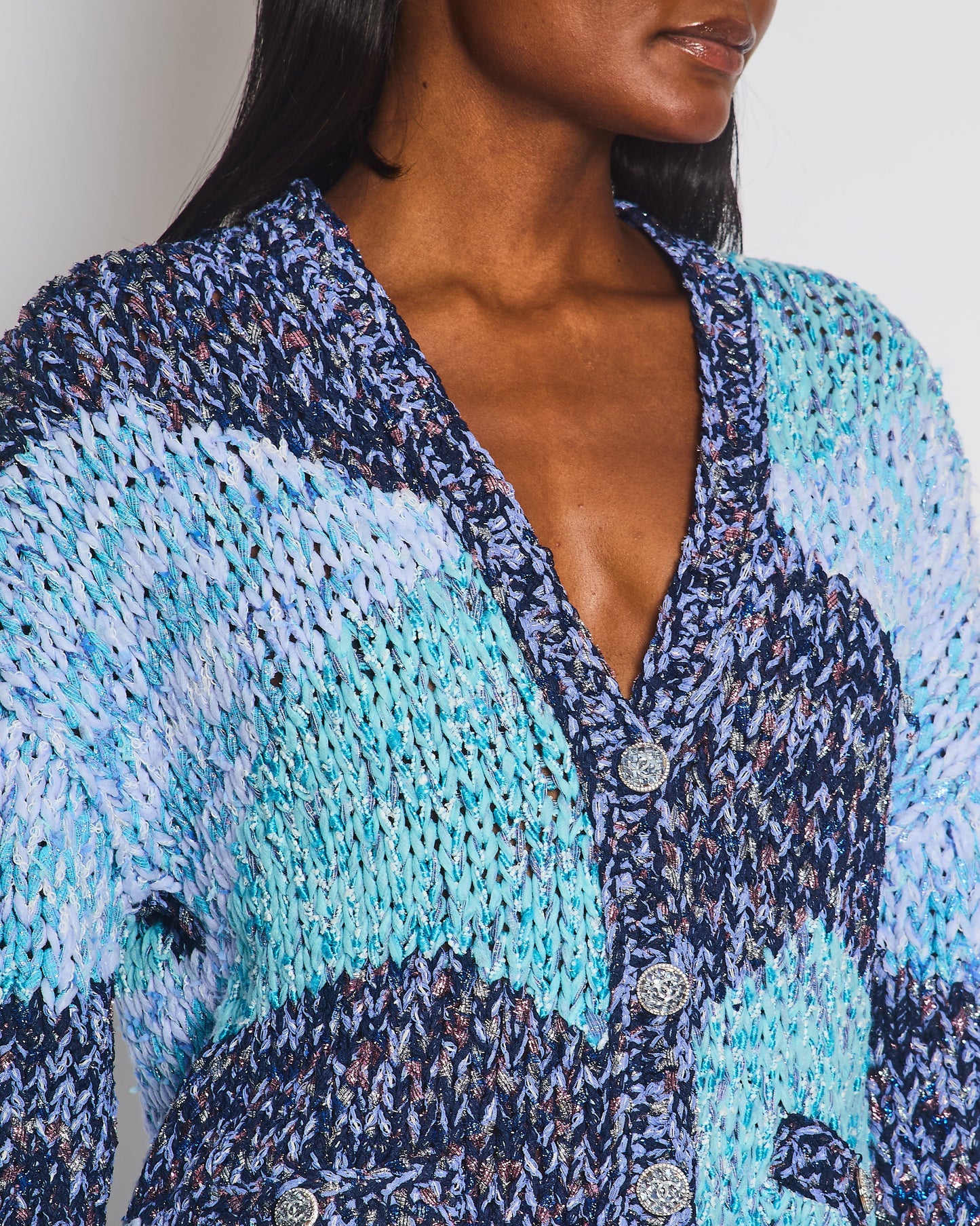 Chanel Aqua Blue Metallic, Navy White Crochet Knit Oversized Cardigan with Silver Logo Crystal Buttons Size FR 36 (UK 8)