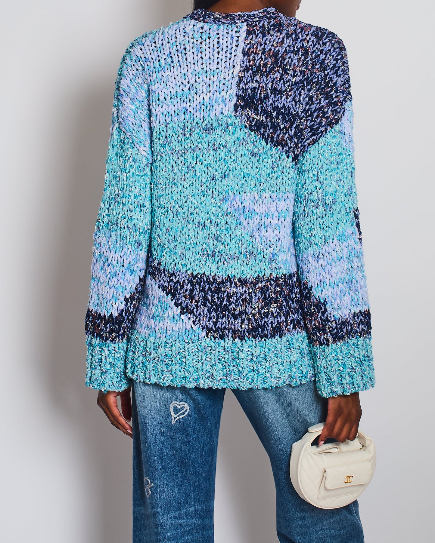 Chanel Aqua Blue Metallic, Navy White Crochet Knit Oversized Cardigan with Silver Logo Crystal Buttons Size FR 36 (UK 8)