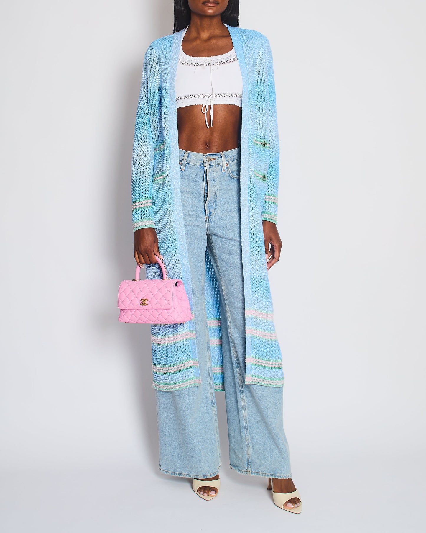 Chanel Blue Knitted Long-Line Striped Cardigan with CC Button Detail Size Fr 34 (UK 6) Apparel