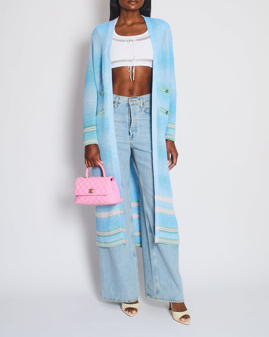 Chanel Blue Knitted Long-Line Striped Cardigan with CC Button Detail Size Fr 34 (UK 6) Apparel