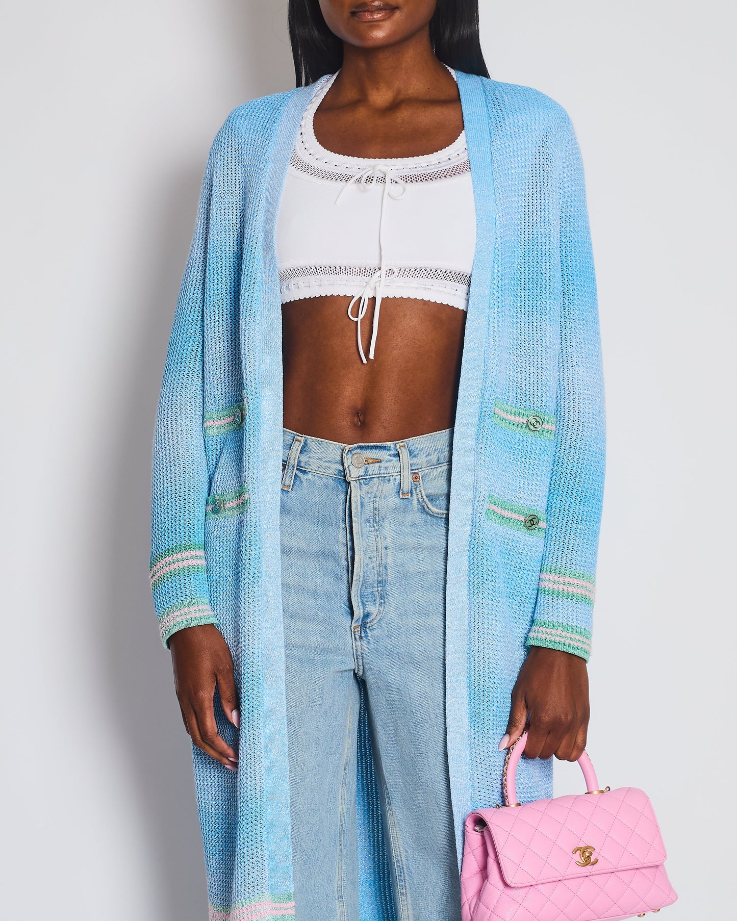 Chanel Blue Knitted Long-Line Striped Cardigan with CC Button Detail Size Fr 34 (UK 6) Apparel
