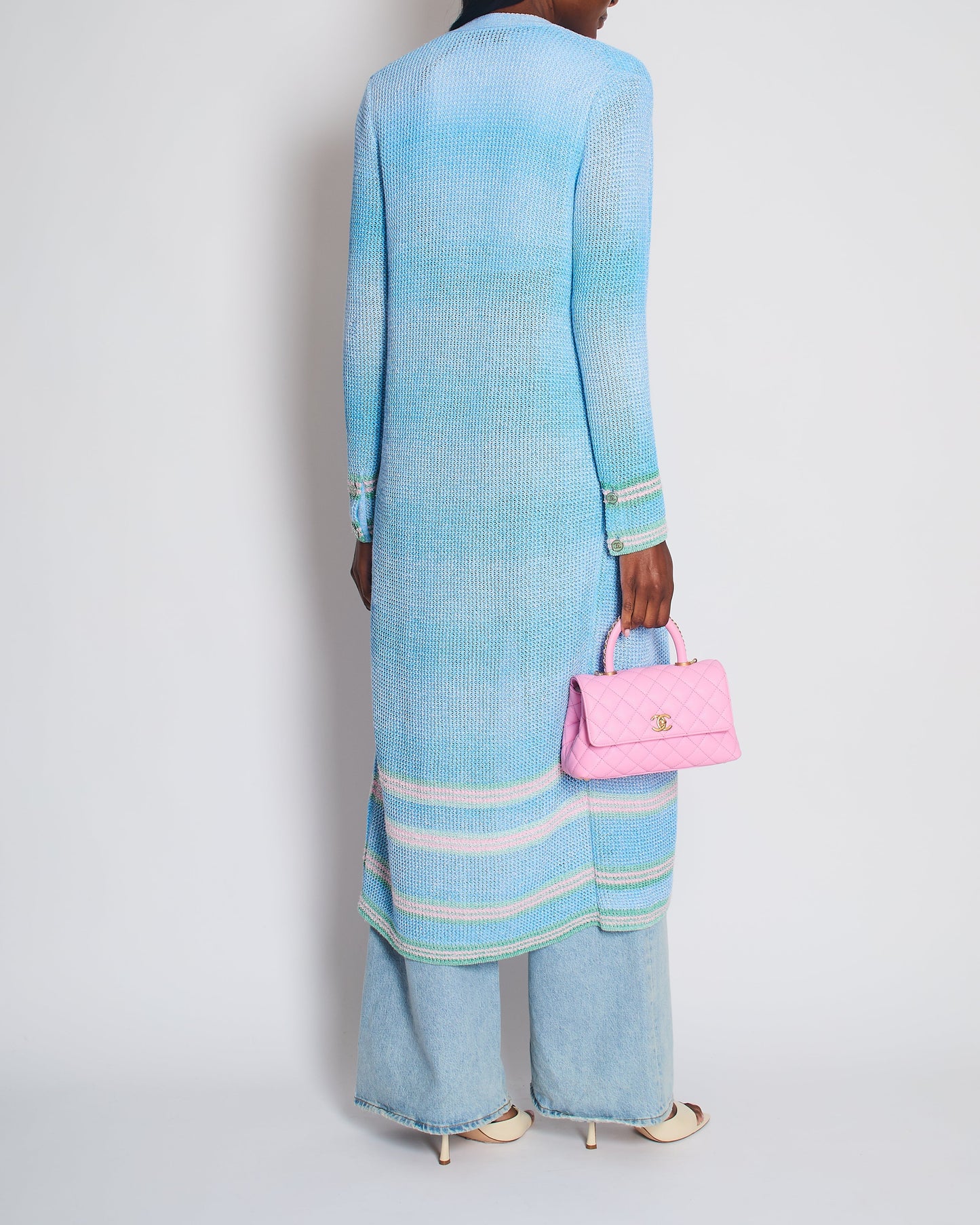 Chanel Blue Knitted Long-Line Striped Cardigan with CC Button Detail Size Fr 34 (UK 6) Apparel