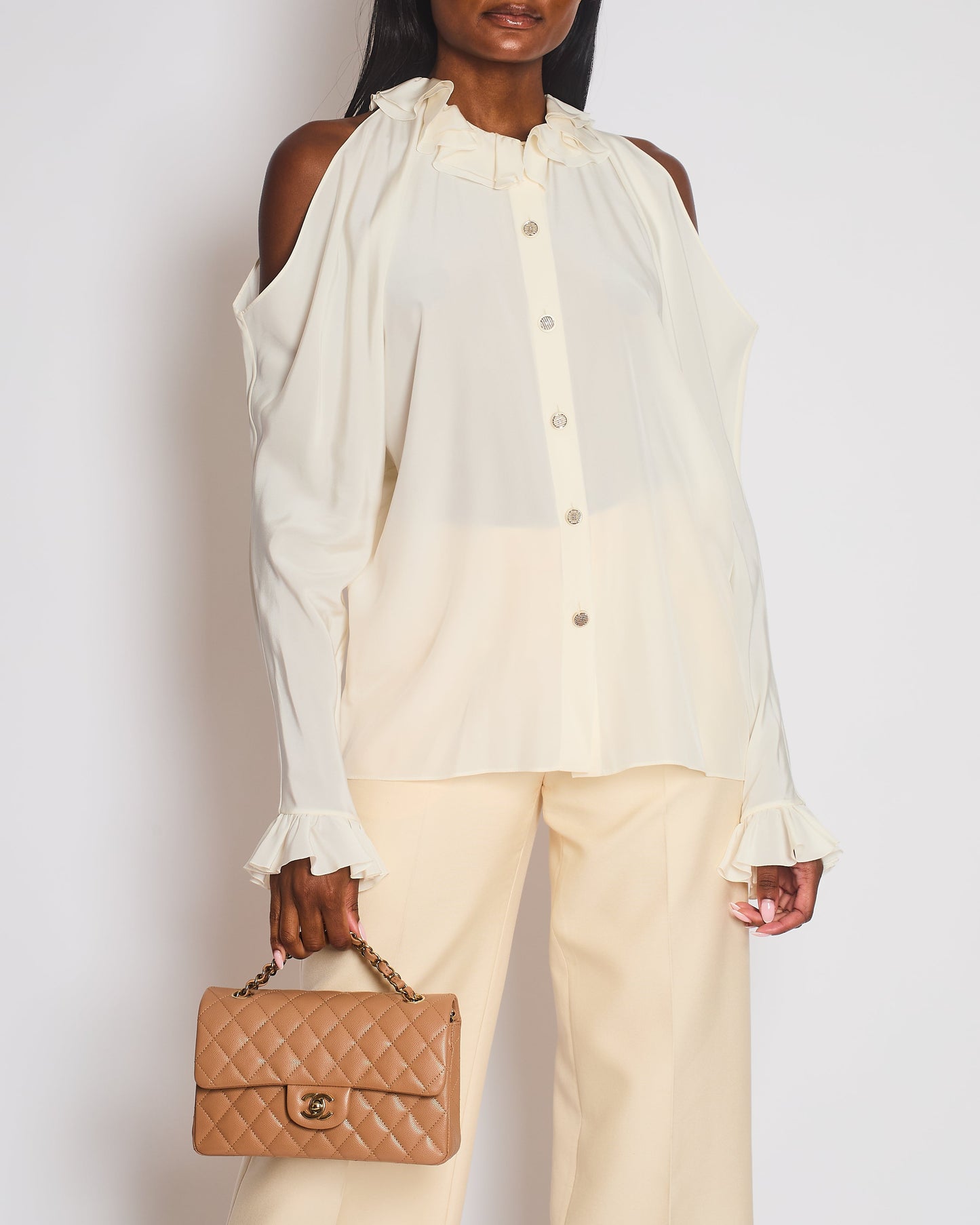 Chanel Cream Button Down Blo with Cut Out Shoulder Detail Size FR 38 (UK 10) Accessory