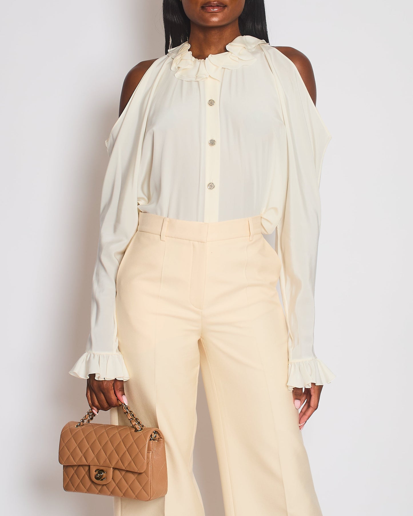 Chanel Cream Button Down Blo with Cut Out Shoulder Detail Size FR 38 (UK 10) Accessory