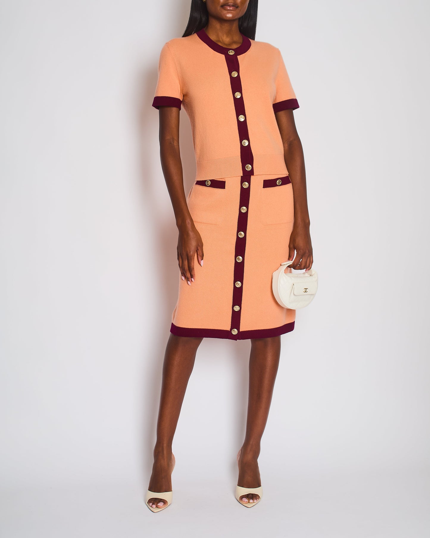 Chanel Peach Short Sleeve Knitted Button Down Cardigan with CC Button Detail Size FR 38 (UK 10) Apparel