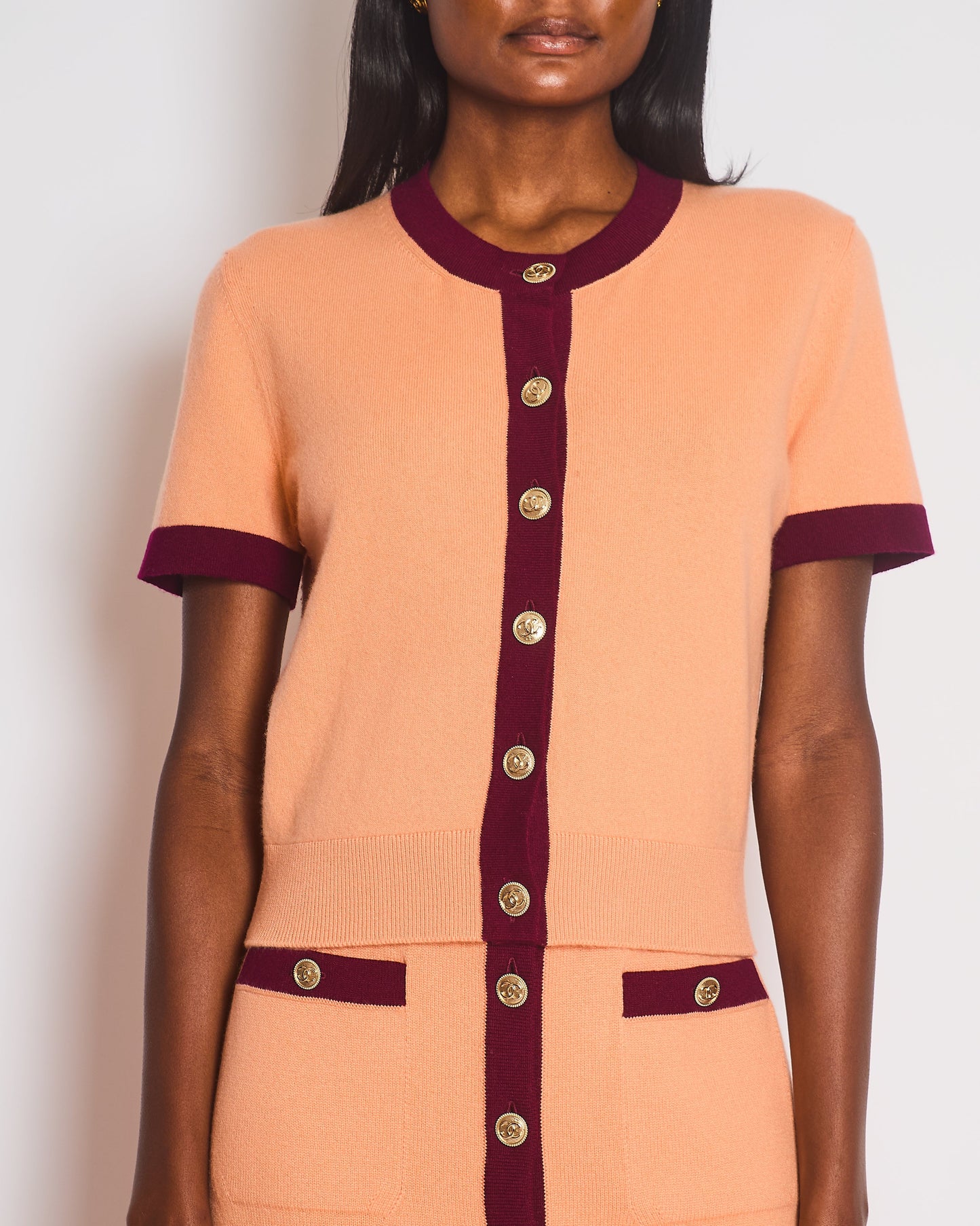 Chanel Peach Short Sleeve Knitted Button Down Cardigan with CC Button Detail Size FR 38 (UK 10) Apparel