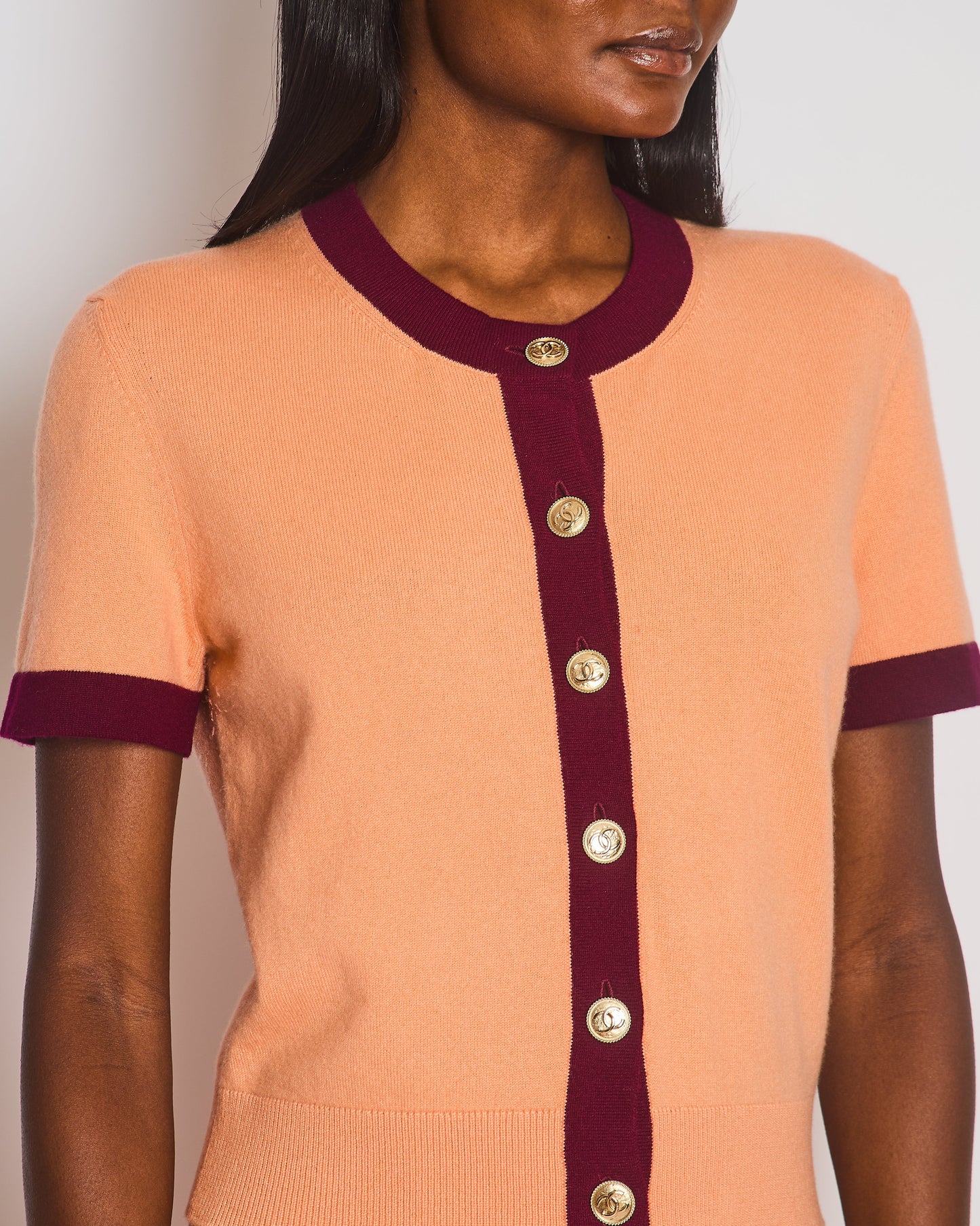 Chanel Peach Short Sleeve Knitted Button Down Cardigan with CC Button Detail Size FR 38 (UK 10) Apparel