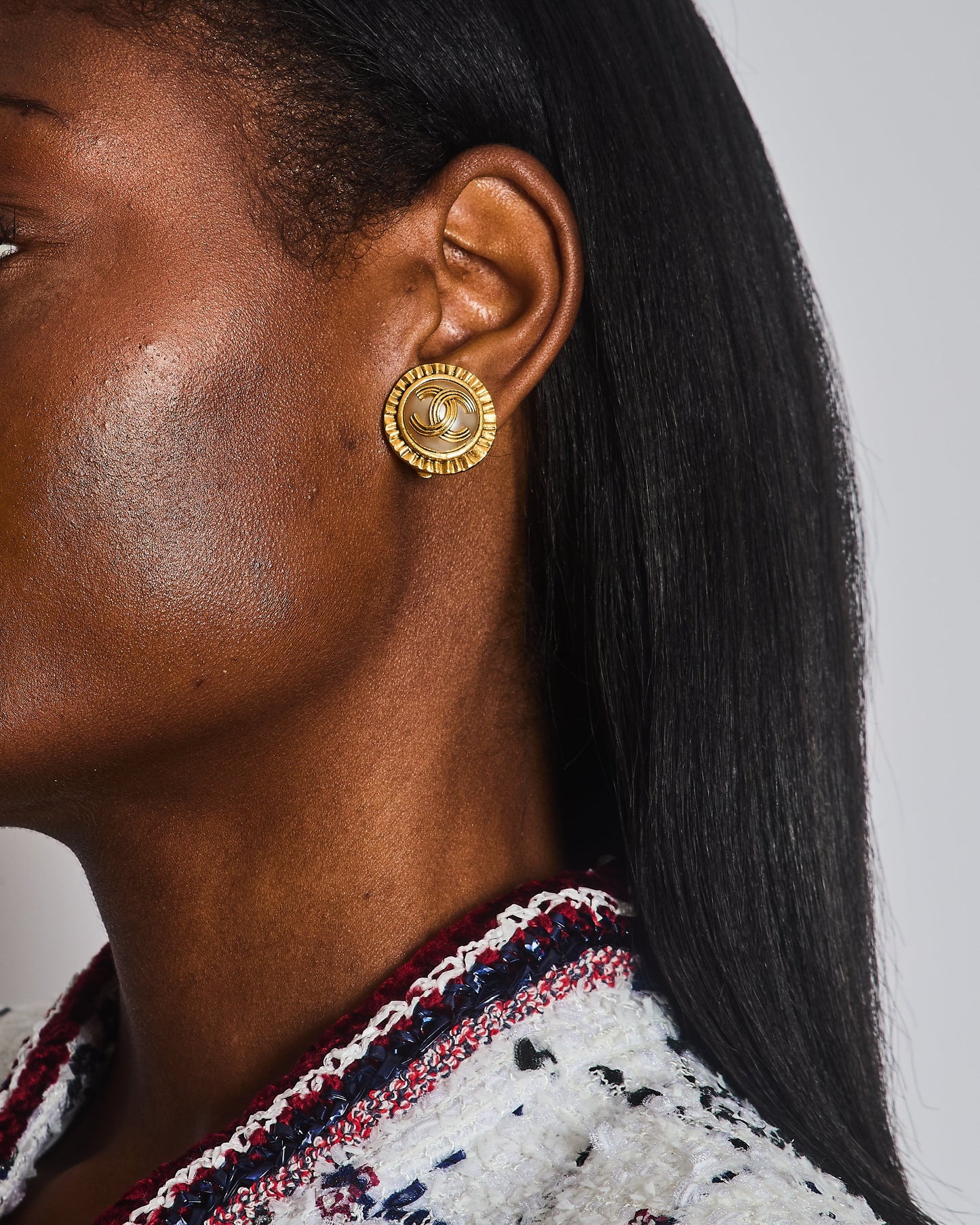 Chanel Mother of Pearl and Gold Clip on Earrings with Rouched Border Detail and CC Logo Jewelry