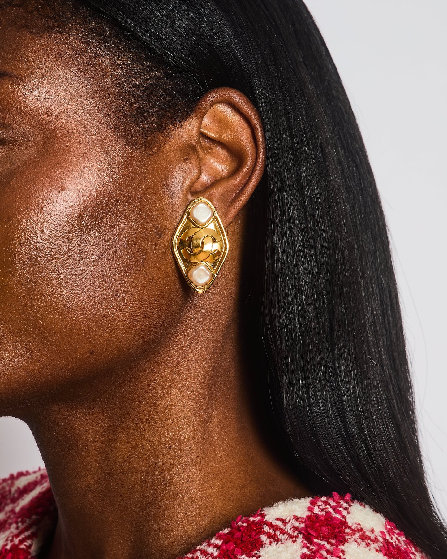 Chanel Gold Rhombus Shaped Clip on Earrings with Mother of Pearl and CC Logo Jewelry
