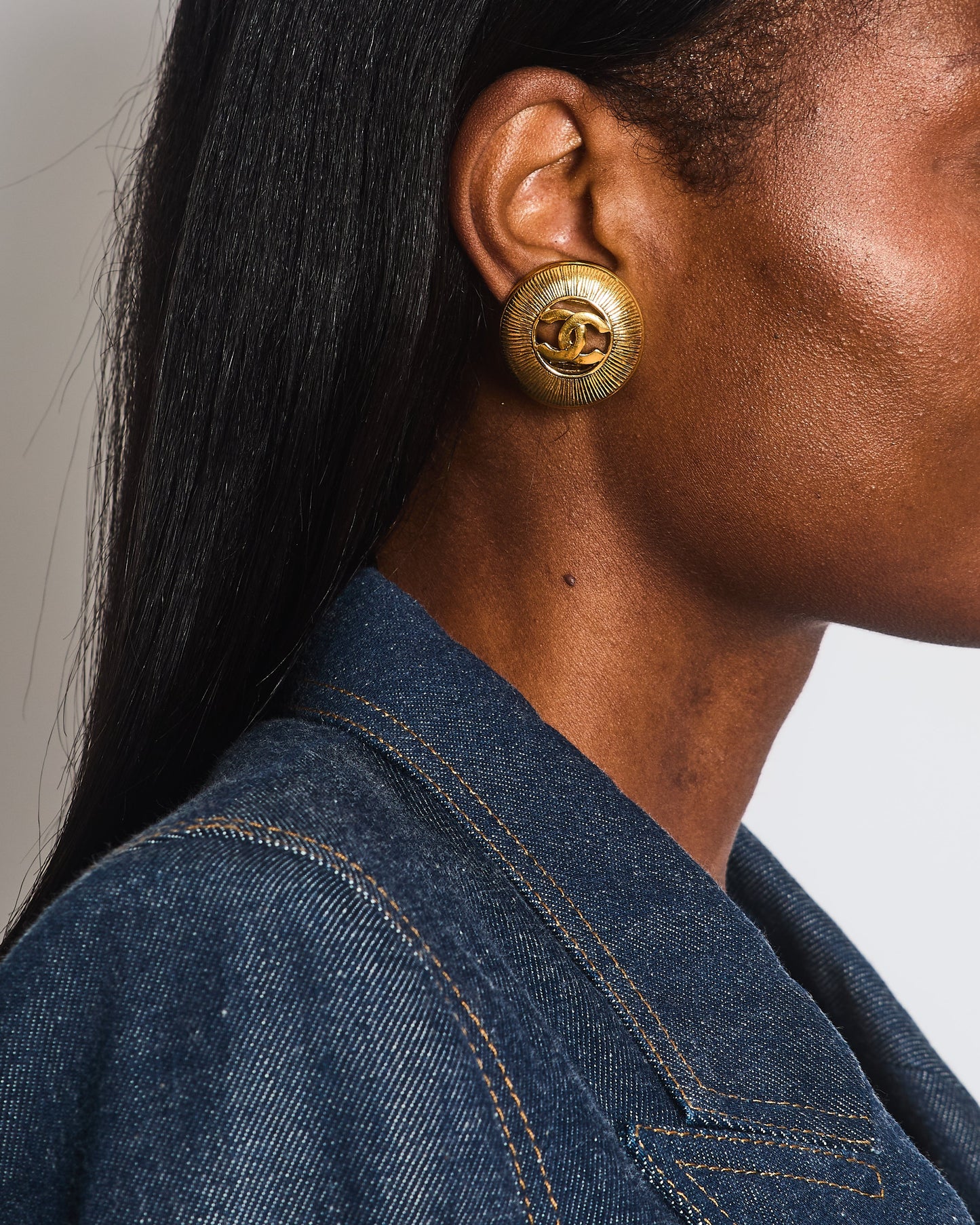 Chanel Gold Large Round Button Clip On Earrings with Striped Detail and CC Logo Jewelry