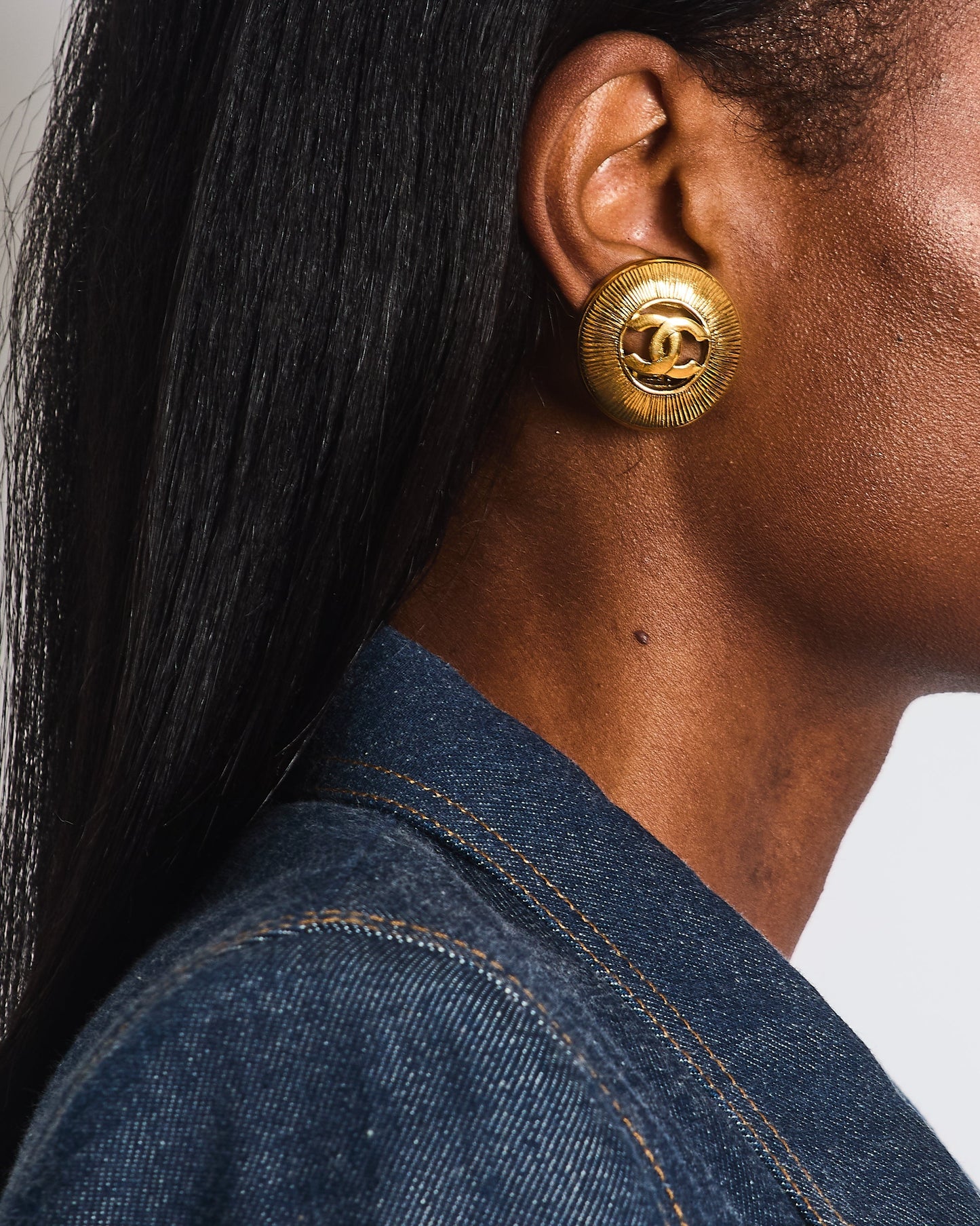 Chanel Gold Large Round Button Clip On Earrings with Striped Detail and CC Logo Jewelry