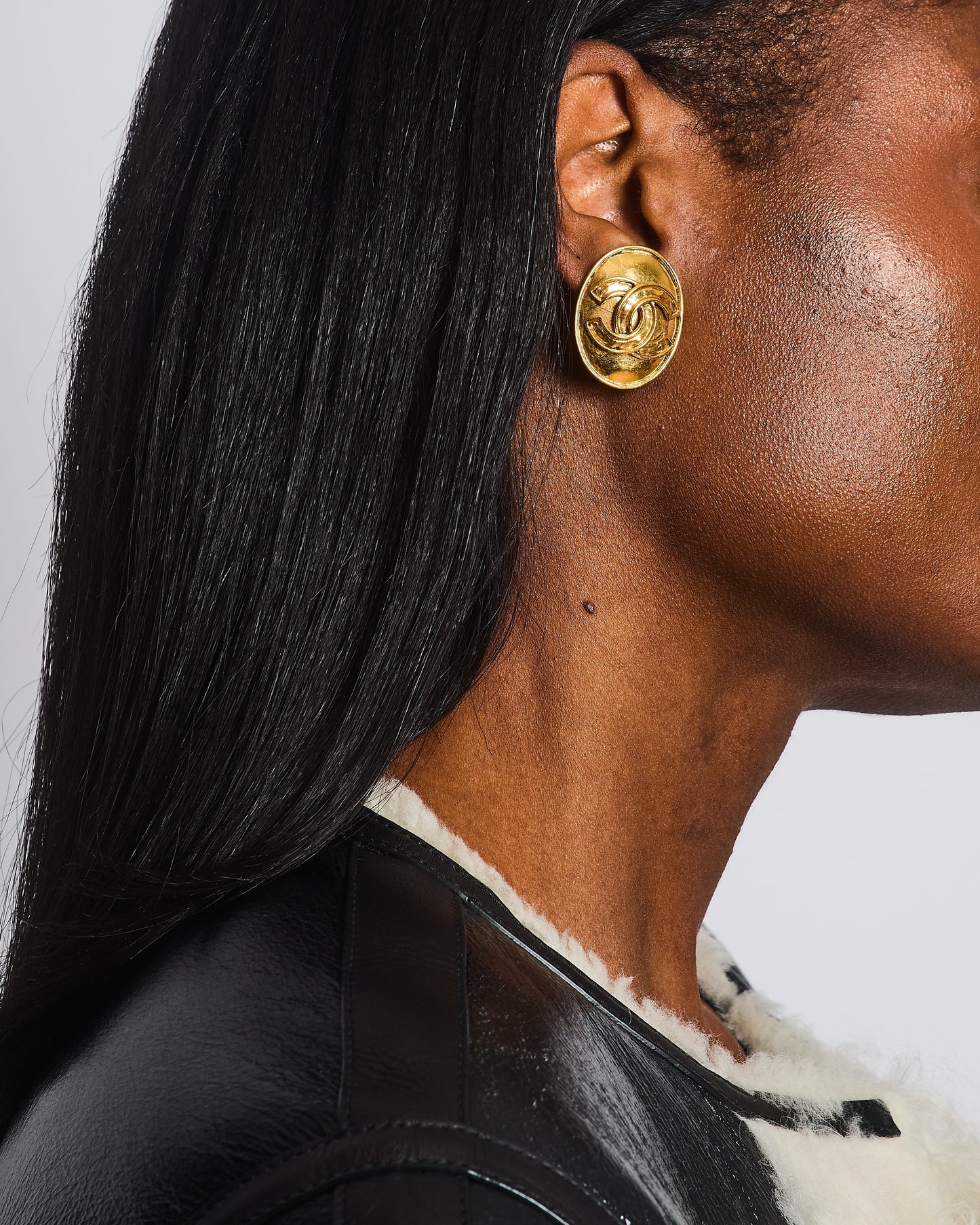 Chanel Gold Polished Oval Clip On Earrings with CC Logo Jewelry