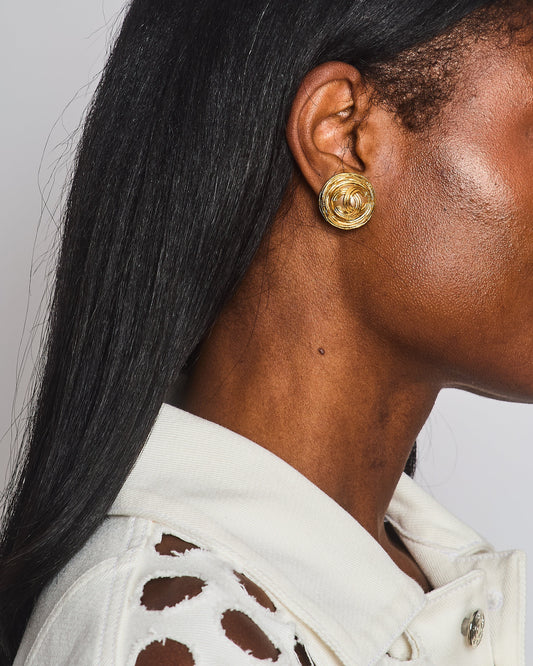 Chanel Gold Spiral Round Clip On Earrings with Embedded Pearl and Gold CC Logo Jewelry