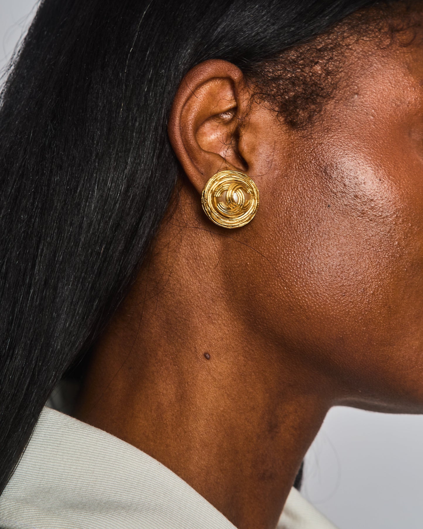 Chanel Gold Spiral Round Clip On Earrings with Embedded Pearl and Gold CC Logo Jewelry