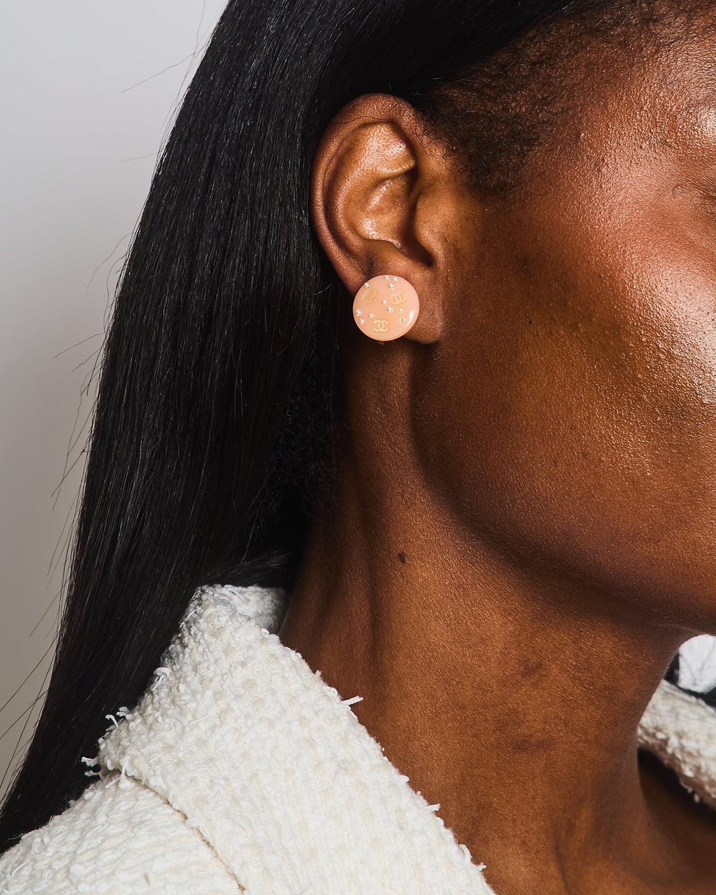 Chanel Blush Pink Round Clip On Earrings with Pearl Embellishments and CC Logo Details Jewelry