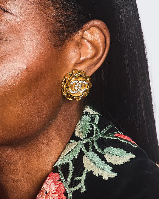 Chanel Gold Round Chain Link Clip On Earrings with Crystal Embellished CC Logo Jewelry