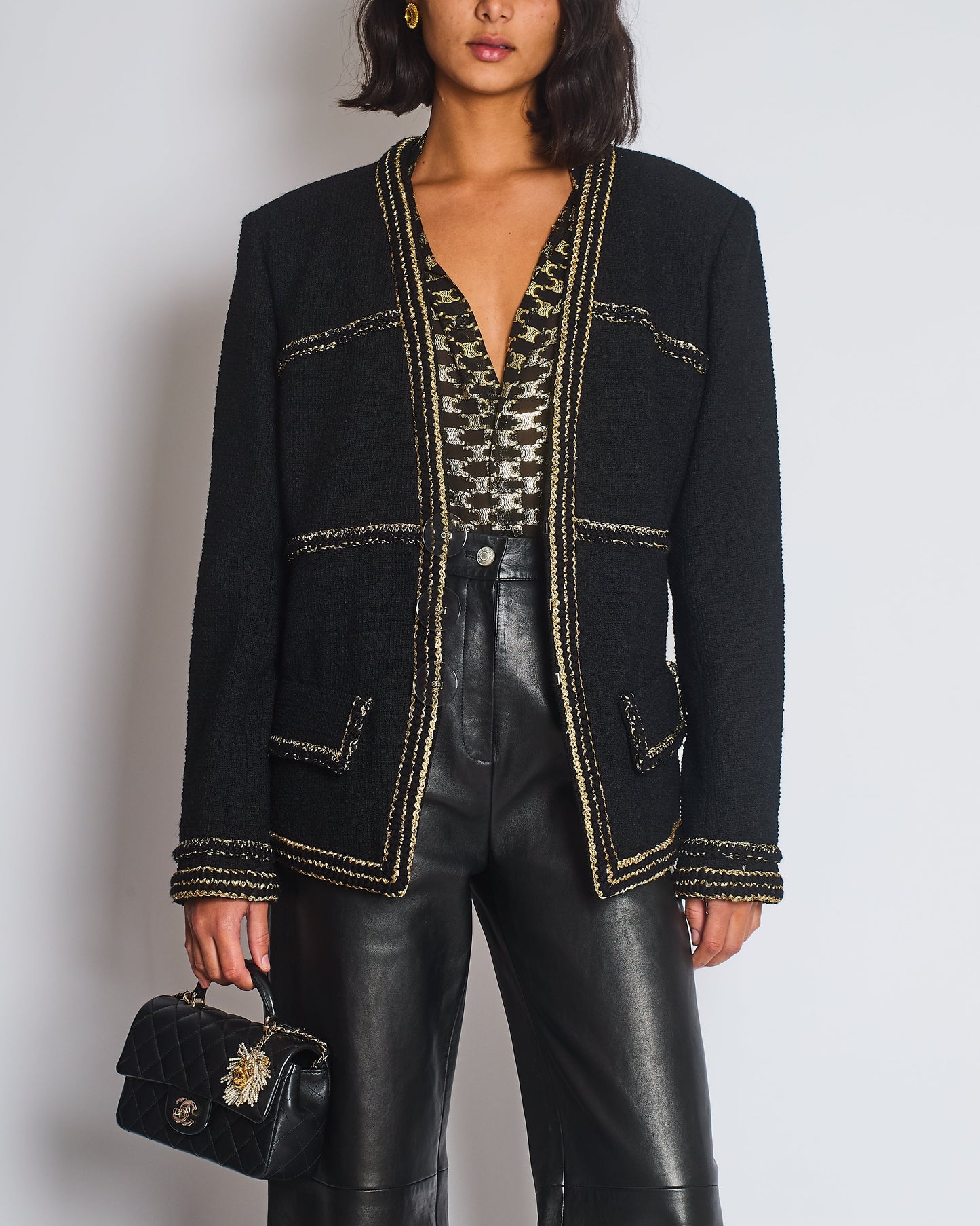 Chanel Metiers D'Art Paris-Ritz Cosmopolitan Black Tweed Jacket with Gold Trim & Smokey Transparent Button Details Size FR 50 (UK 20) RRP £7450