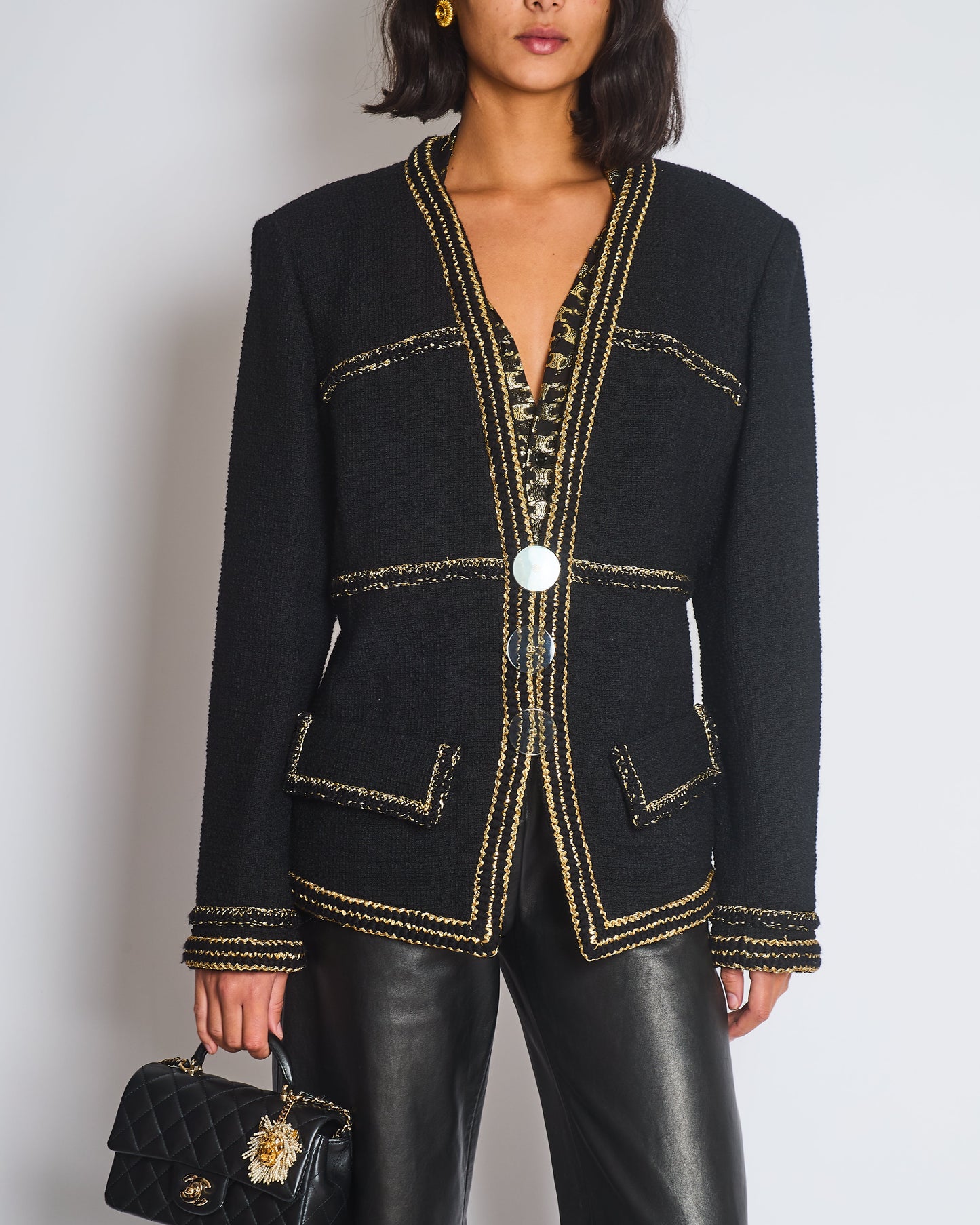Chanel Metiers D'Art Paris-Ritz Cosmopolitan Black Tweed Jacket with Gold Trim & Smokey Transparent Button Details Size FR 50 (UK 20) RRP £7450