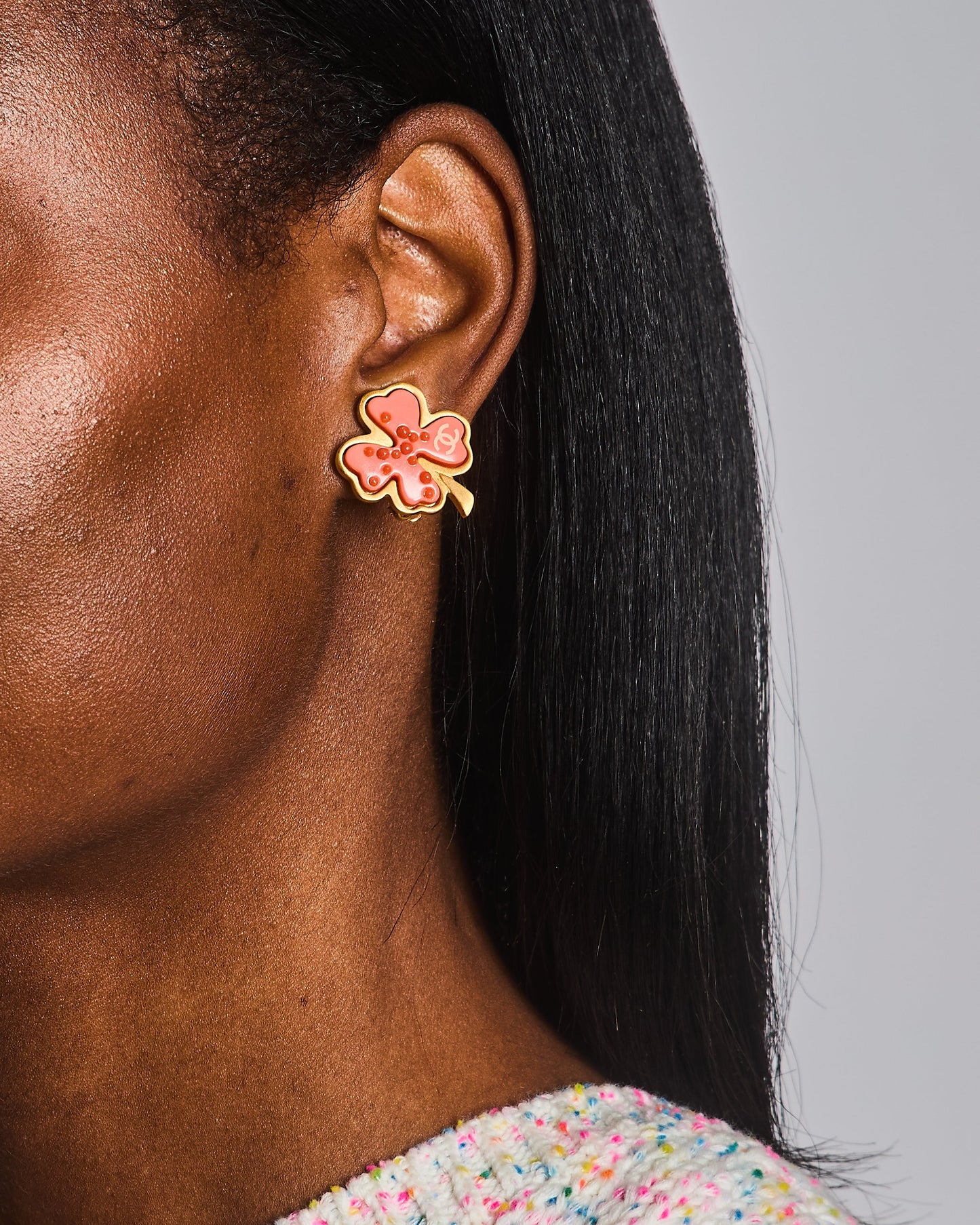 Chanel Brushed Gold and Pink Clover Clip On Earrings with CC Logo and Beads Details Jewelry
