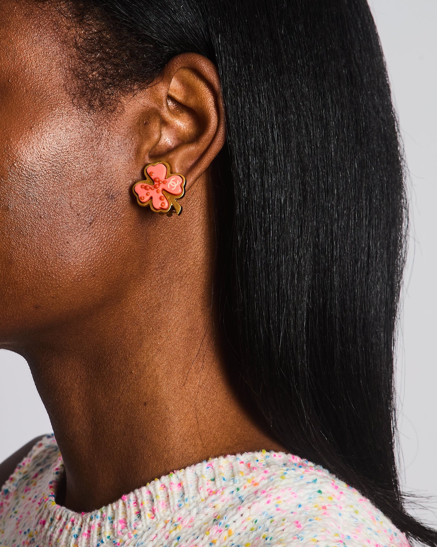 Chanel Brushed Gold and Pink Clover Clip On Earrings with CC Logo and Beads Details Jewelry