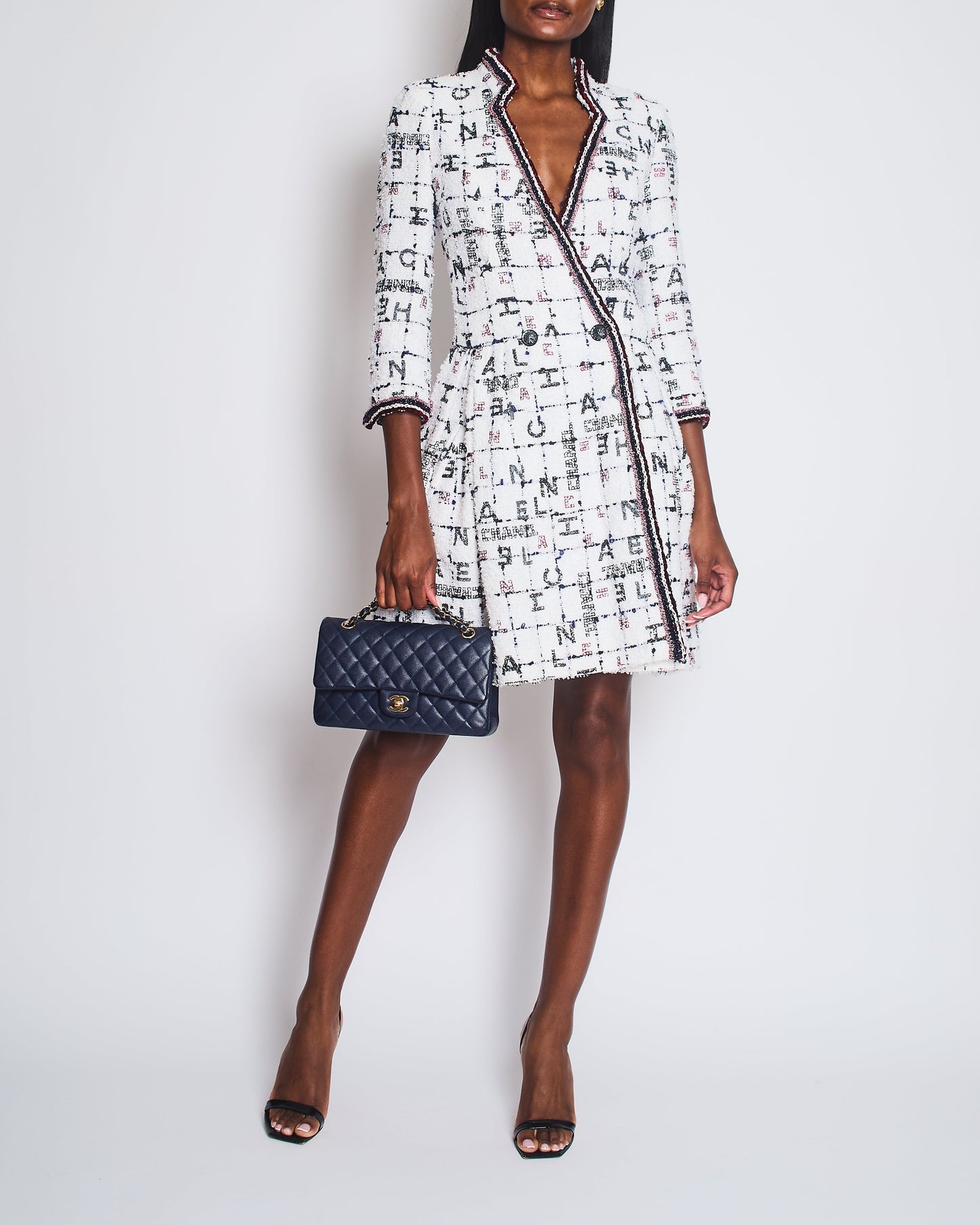 Chanel White, Blue & Red Tweed Long Sleeve Midi Dress with Black Embellished Buttons and Logo Details FR 36 (UK 8)