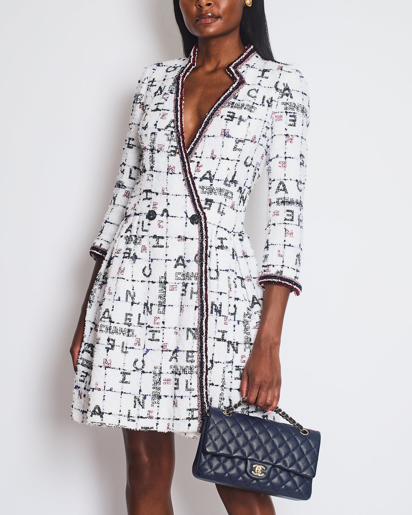 Chanel White, Blue & Red Tweed Long Sleeve Midi Dress with Black Embellished Buttons and Logo Details FR 36 (UK 8)