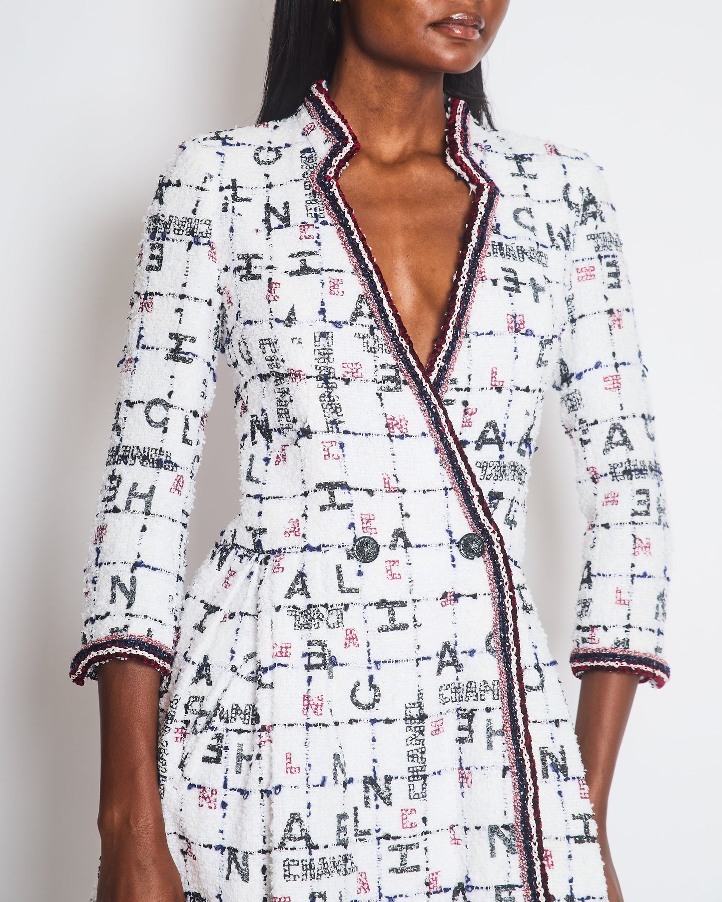 Chanel White, Blue & Red Tweed Long Sleeve Midi Dress with Black Embellished Buttons and Logo Details FR 36 (UK 8)