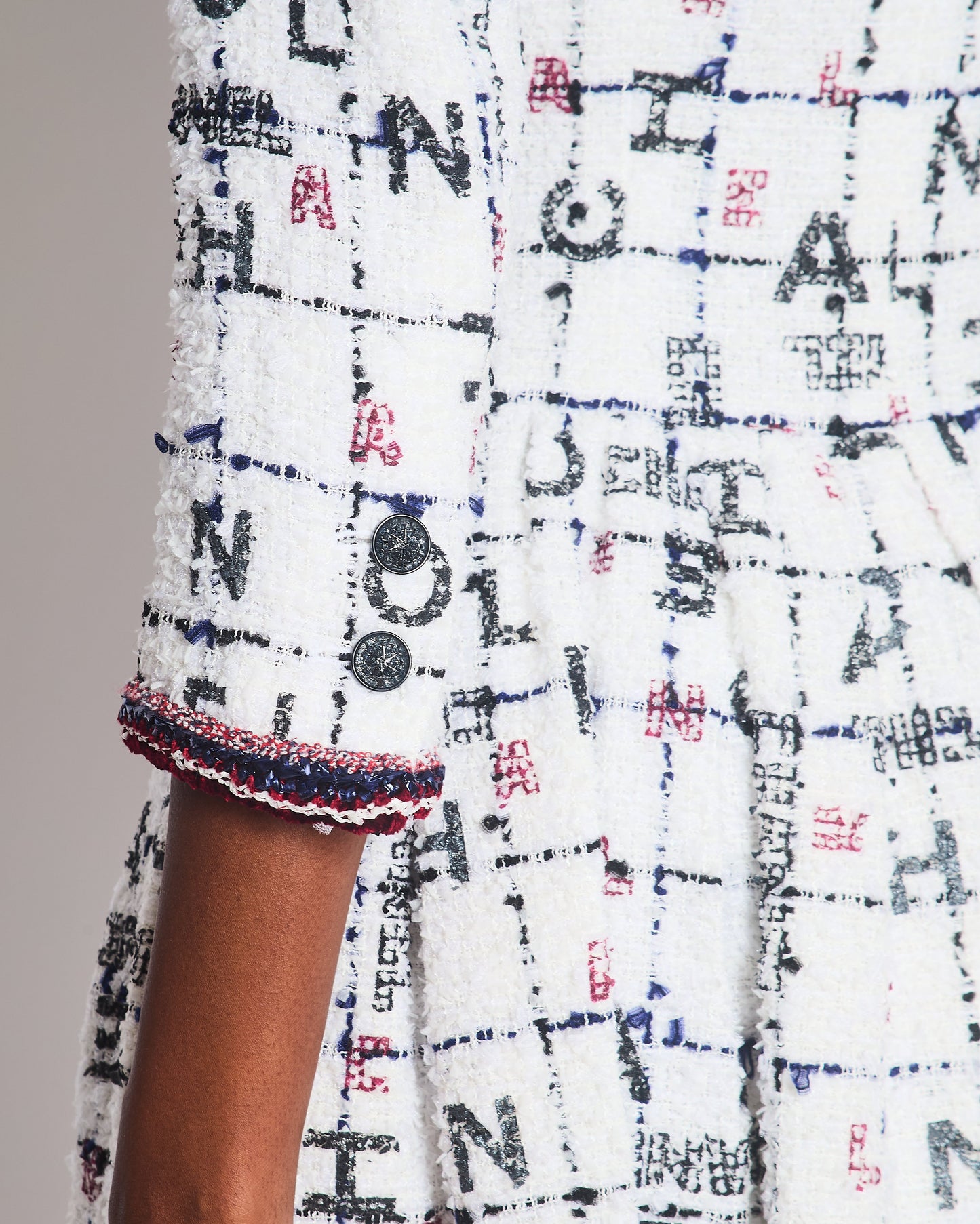 Chanel White, Blue & Red Tweed Long Sleeve Midi Dress with Black Embellished Buttons and Logo Details FR 36 (UK 8)