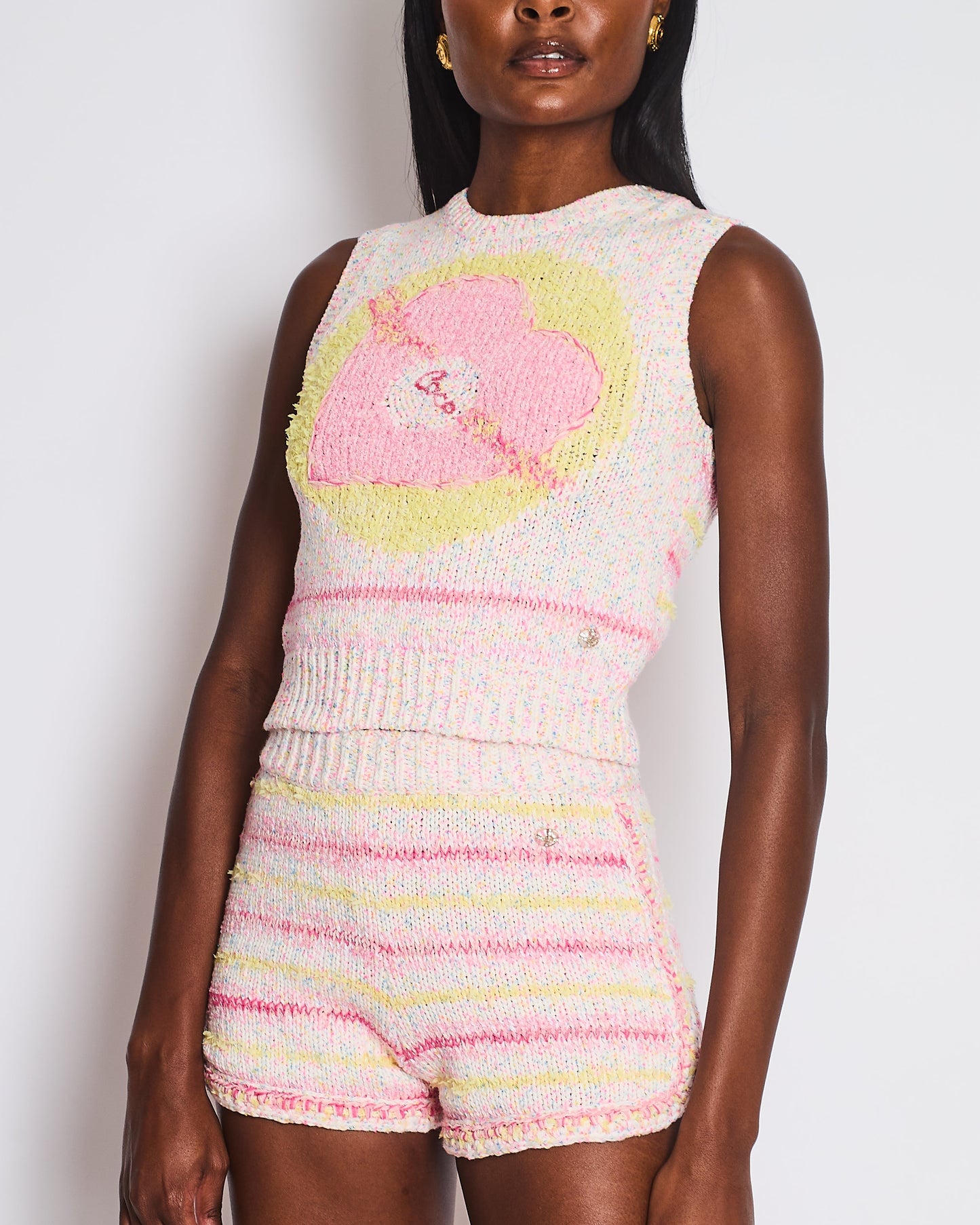 Chanel Resort Pastel Pink & Yellow Sleeveless Knit Jumper and Shorts Set with Cupid Heart "Coco" Detail Top Size FR 34 (UK 6)
