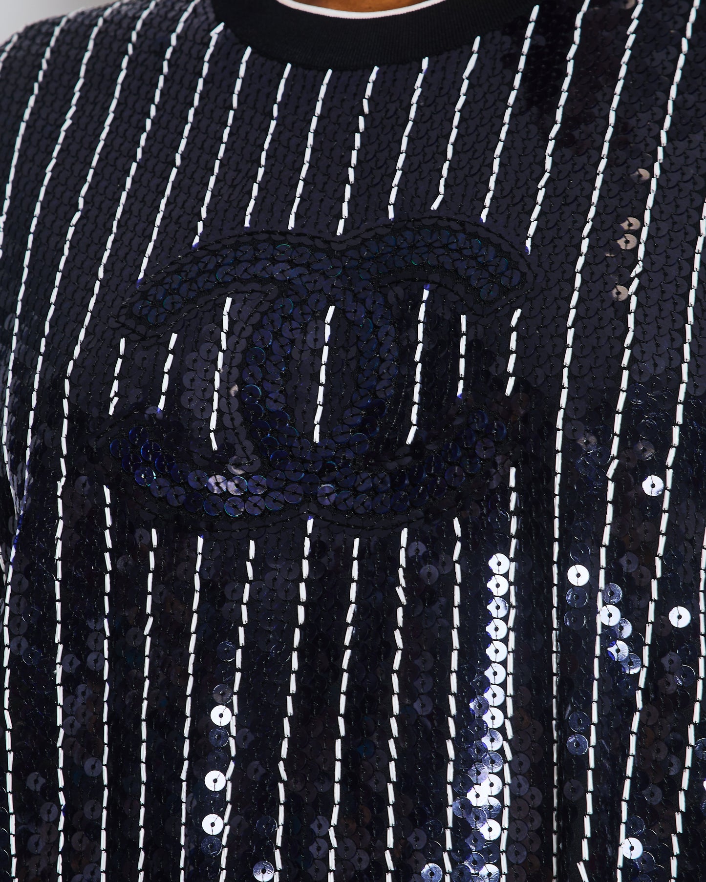 Chanel Spring/Summer 2023 Navy and White Striped Sequins T-Shirt with CC Logo Size FR 40 (UK 12)