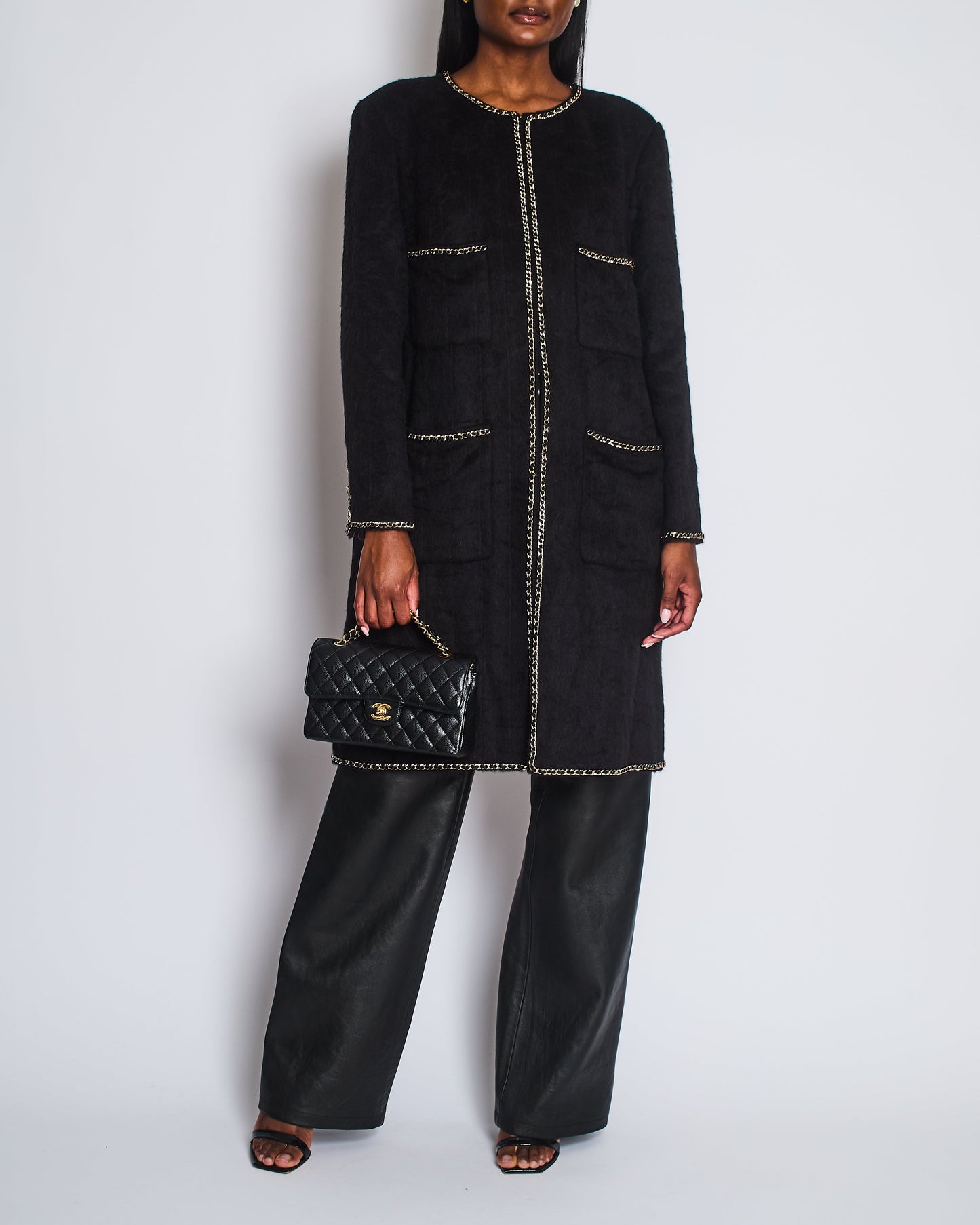 Chanel *HOT* Black Llama & Wool Coat with Gold Chain Trim and CC Buttons Size FR 44 (UK 12) RRP £6,730