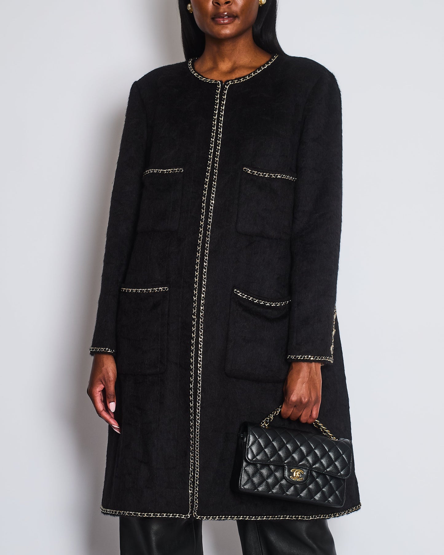 Chanel *HOT* Black Llama & Wool Coat with Gold Chain Trim and CC Buttons Size FR 44 (UK 12) RRP £6,730