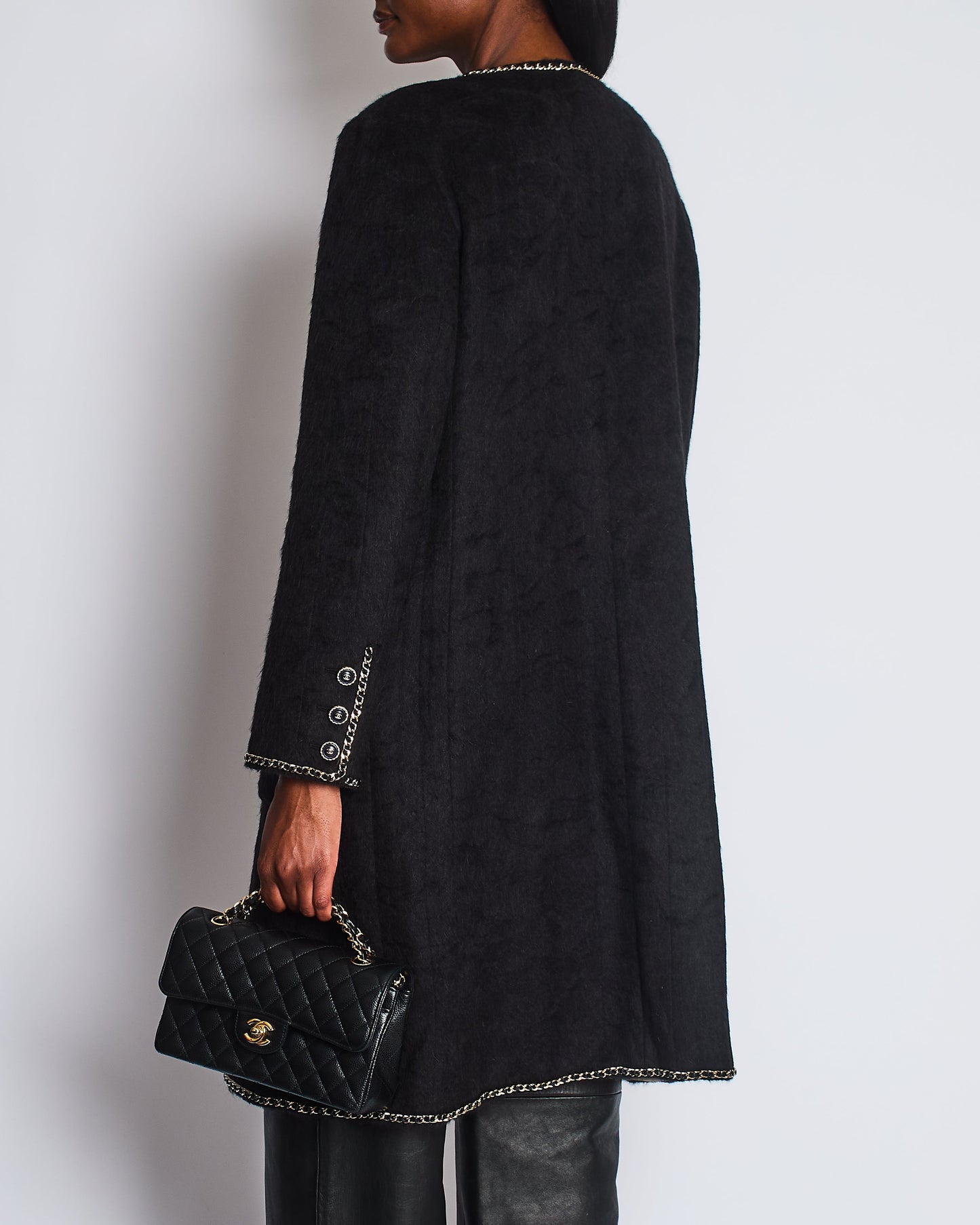 Chanel *HOT* Black Llama & Wool Coat with Gold Chain Trim and CC Buttons Size FR 44 (UK 12) RRP £6,730