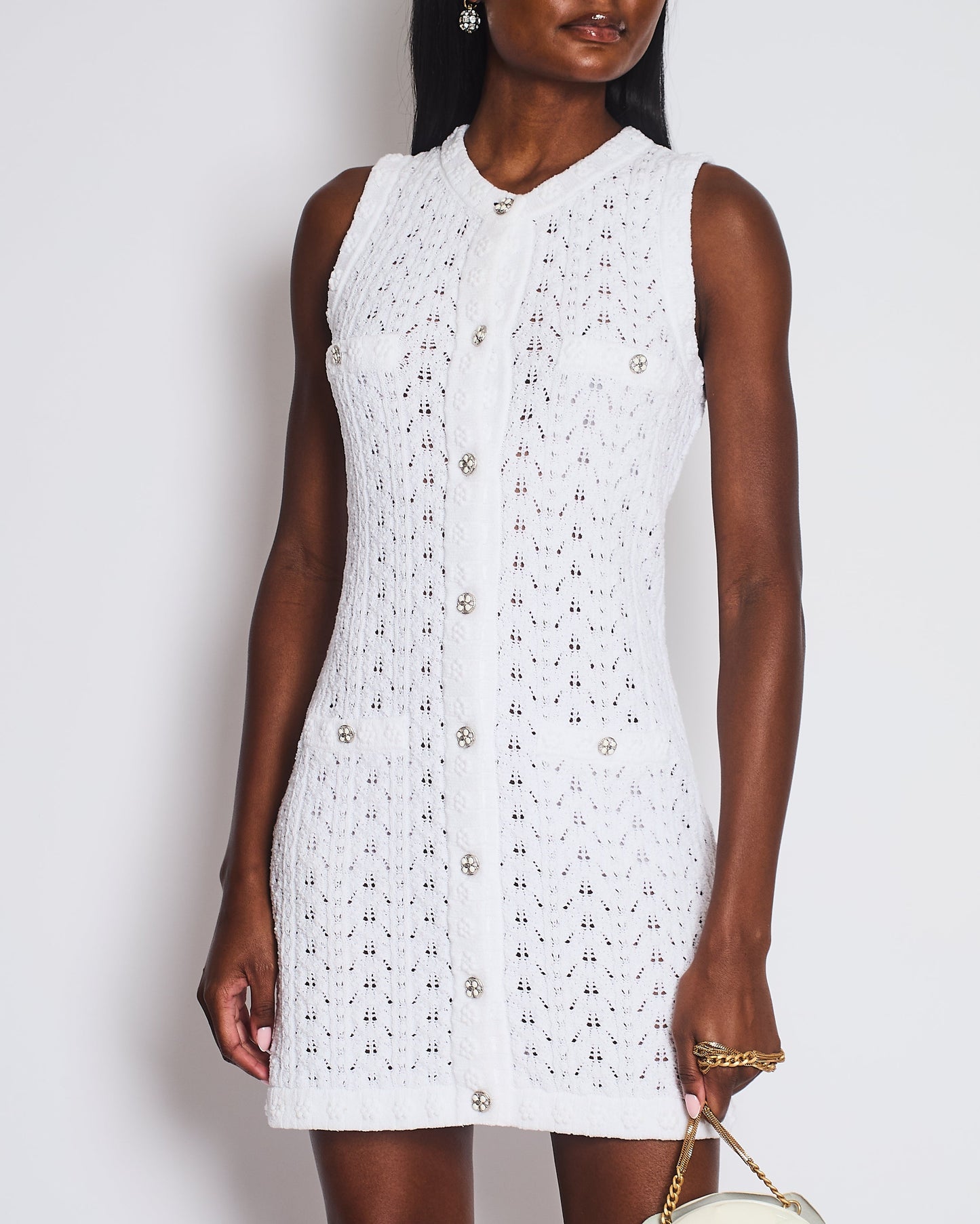 Chanel White Knit Button Down Mini Dress with Pocket and CC Buttons Size FR 34 (UK 6)