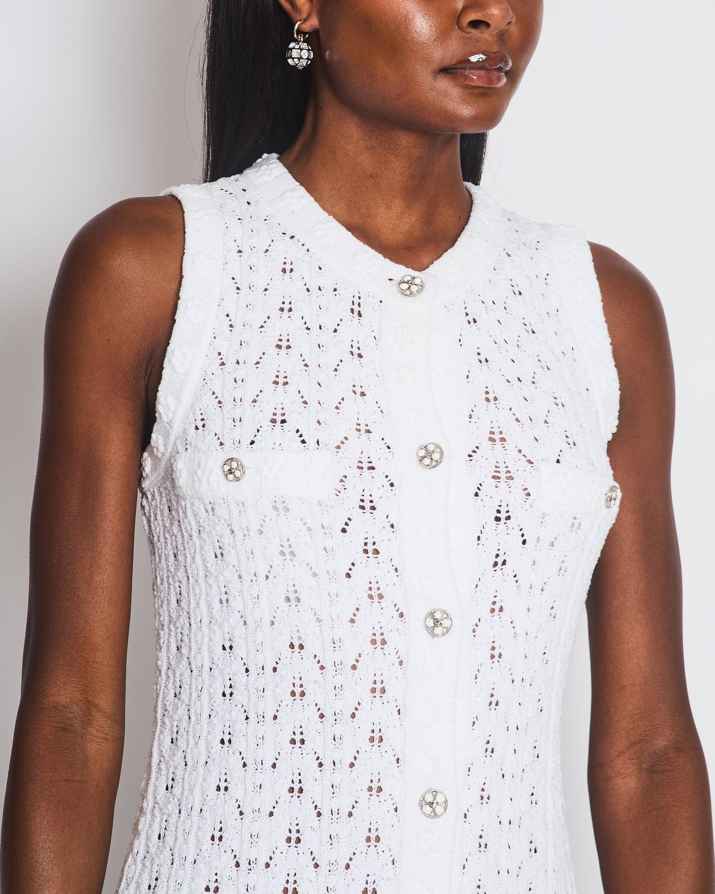 Chanel White Knit Button Down Mini Dress with Pocket and CC Buttons Size FR 34 (UK 6)