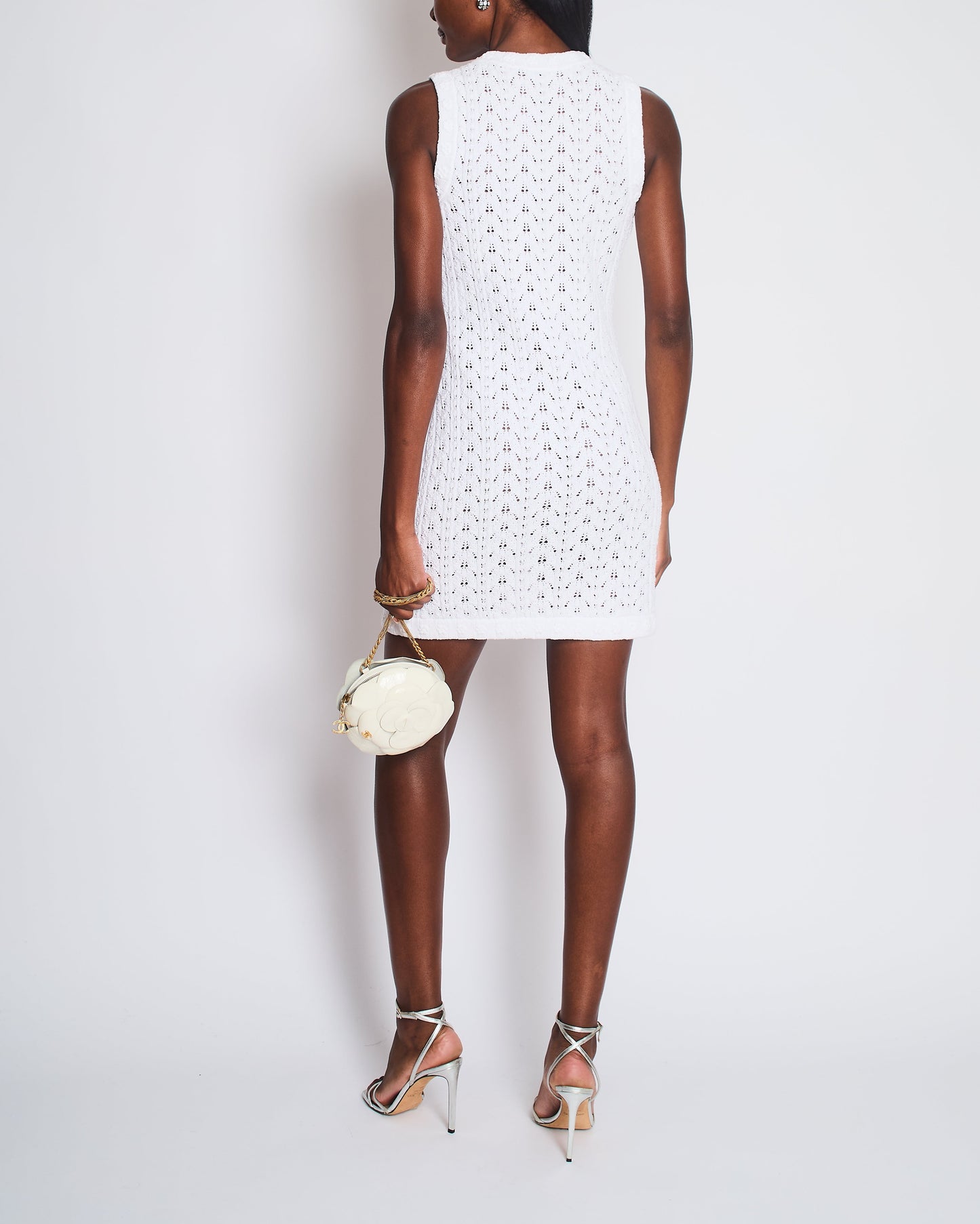 Chanel White Knit Button Down Mini Dress with Pocket and CC Buttons Size FR 34 (UK 6)