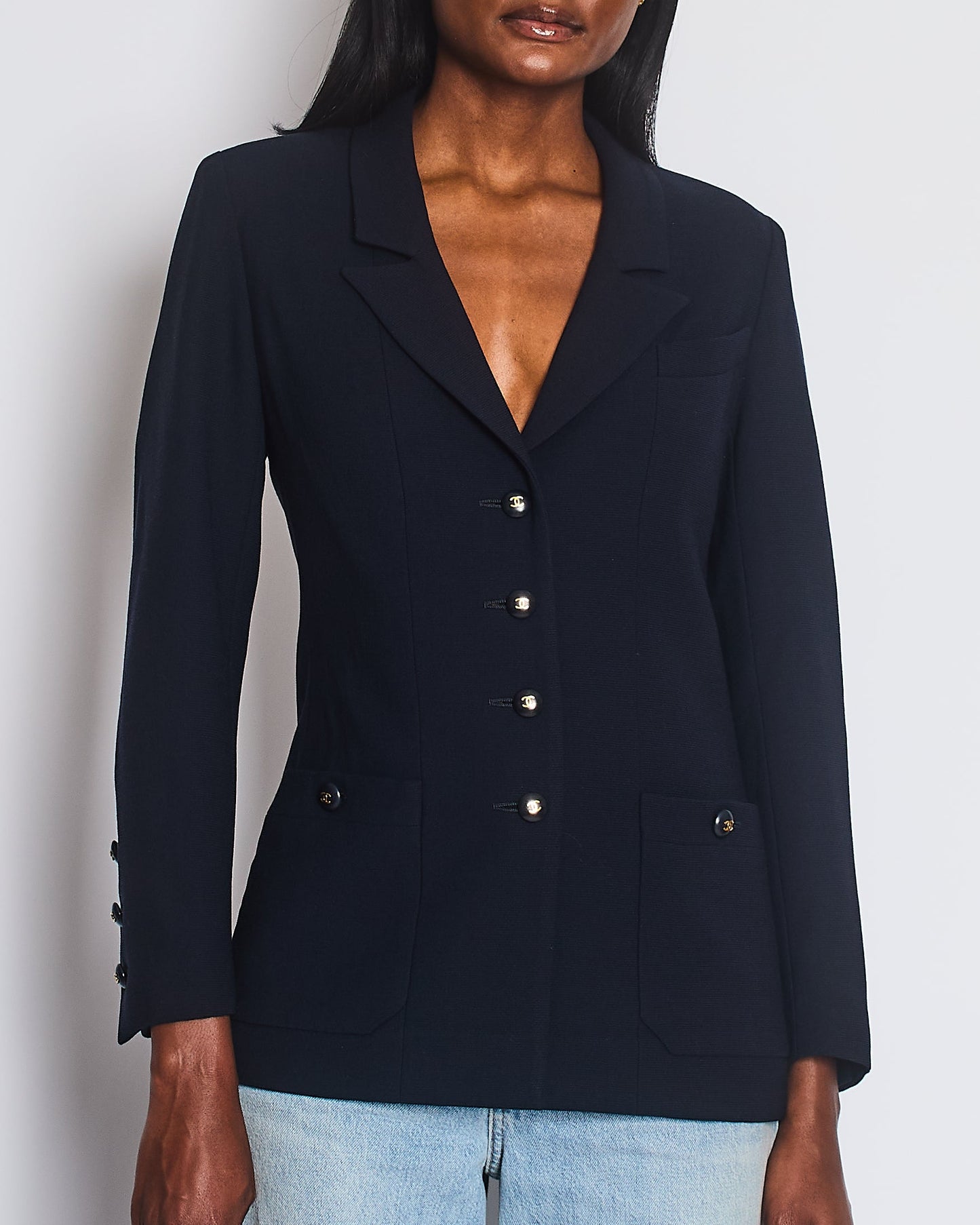 Chanel Navy Jacket with Black and Gold CC Buttons and Pocket Detail Size FR 38/40 (UK 10/12)