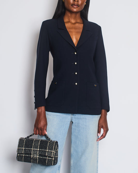 Chanel Navy Jacket with Black and Gold CC Buttons and Pocket Detail Size FR 38/40 (UK 10/12)