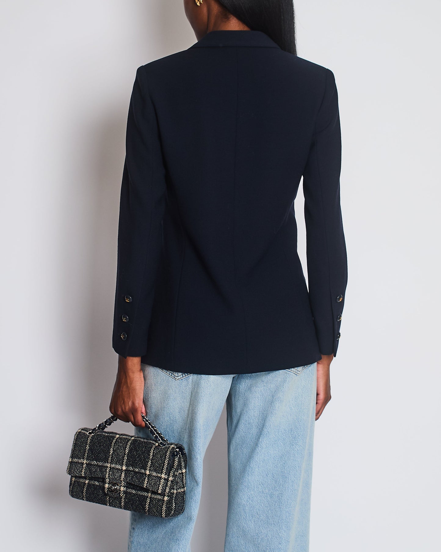 Chanel Navy Jacket with Black and Gold CC Buttons and Pocket Detail Size FR 38/40 (UK 10/12)