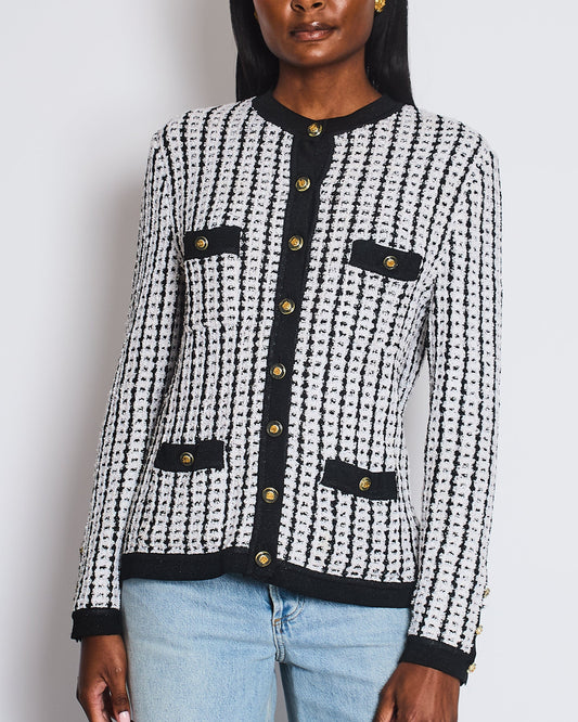 Chanel Spring 1997 Black and White Cardigan with Gold and Transparent CC Buttons Detail Size FR 38 (UK 10) Apparel