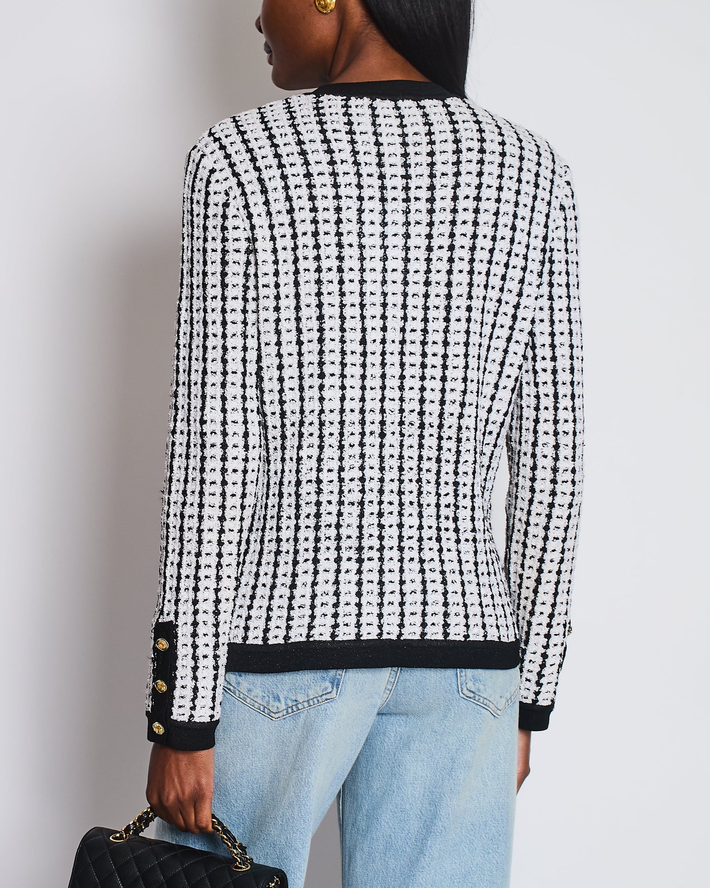 Chanel Spring 1997 Black and White Cardigan with Gold and Transparent CC Buttons Detail Size FR 38 (UK 10) Apparel