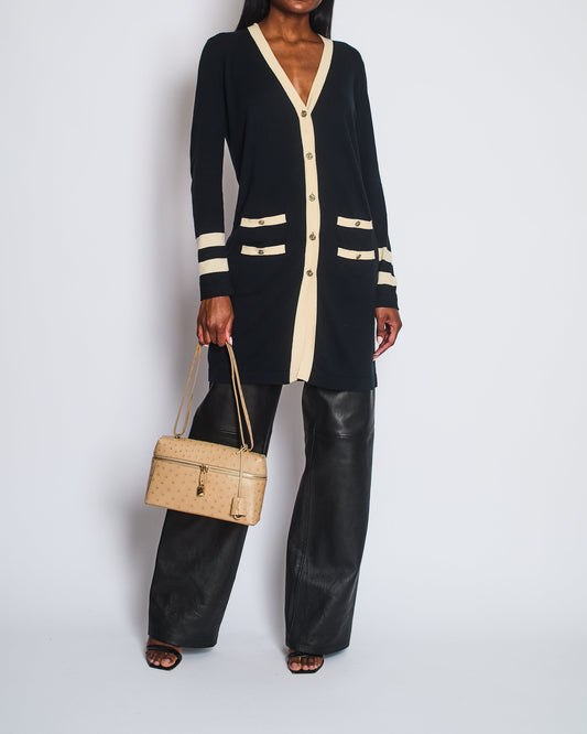 Chanel Black Cashmere Long Cardigan with Cream Trim Detail, Gold Glitter and Silver CC Buttons Size FR 38 (UK 10) Apparel