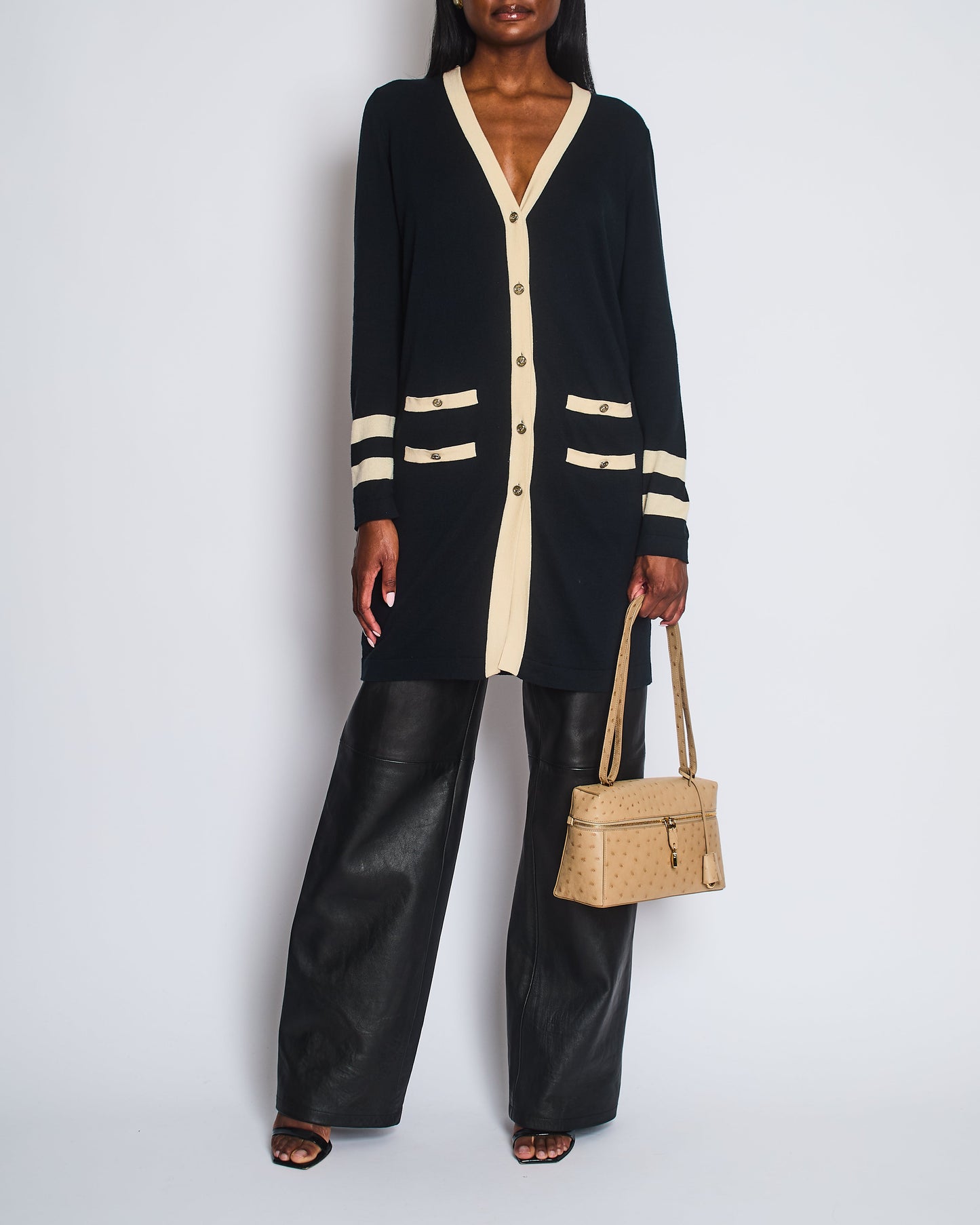Chanel Black Cashmere Long Cardigan with Cream Trim Detail, Gold Glitter and Silver CC Buttons Size FR 38 (UK 10) Apparel