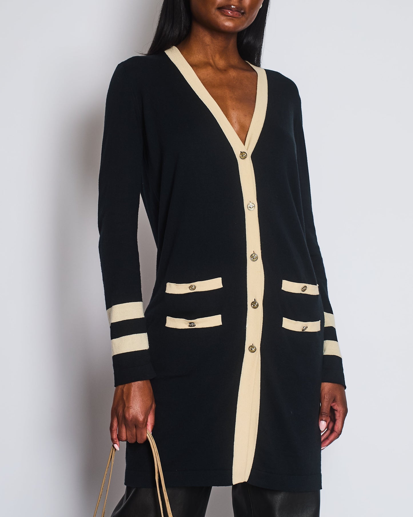 Chanel Black Cashmere Long Cardigan with Cream Trim Detail, Gold Glitter and Silver CC Buttons Size FR 38 (UK 10) Apparel