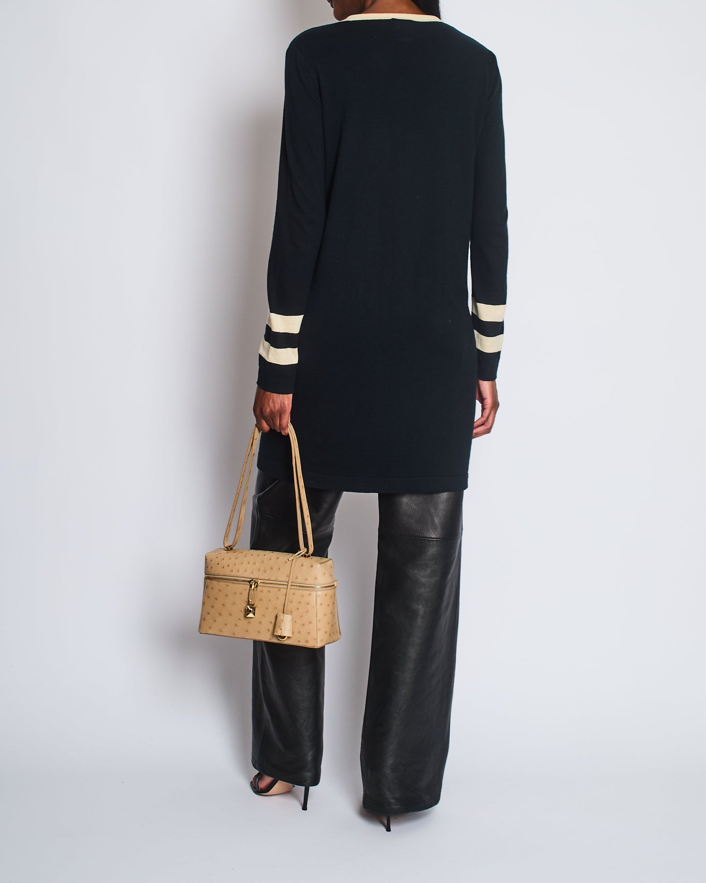 Chanel Black Cashmere Long Cardigan with Cream Trim Detail, Gold Glitter and Silver CC Buttons Size FR 38 (UK 10) Apparel