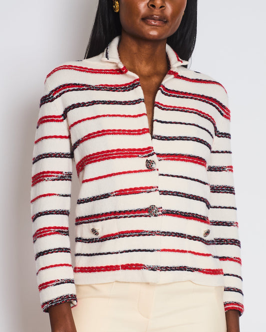 Chanel 20/S White Striped Tweed Button Down Cashmere Cardigan Size FR 34 (UK 6) Apparel